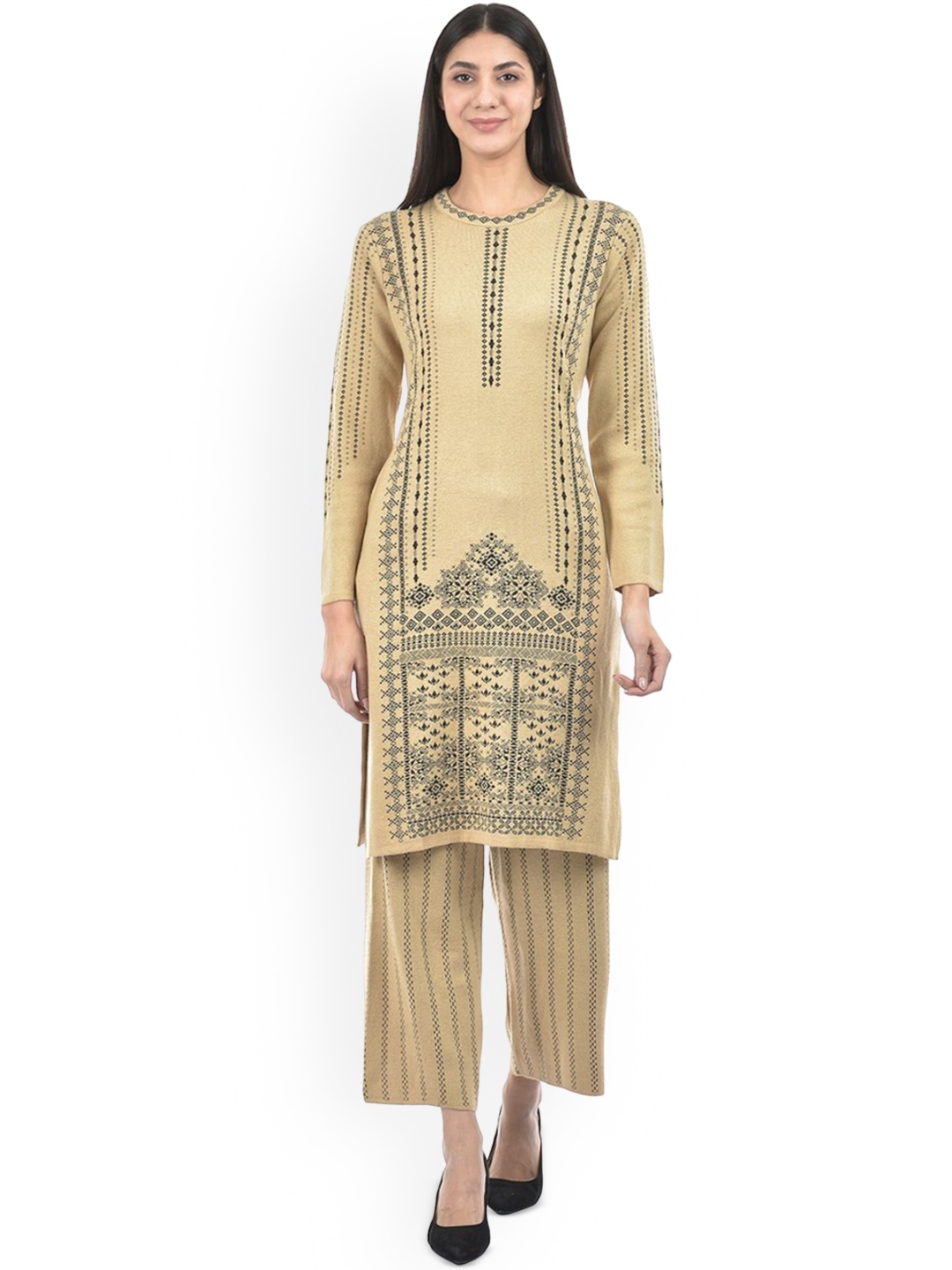 

American Eye Floral Woven Design Round Neck Straight Kurta With Palazzos, Beige