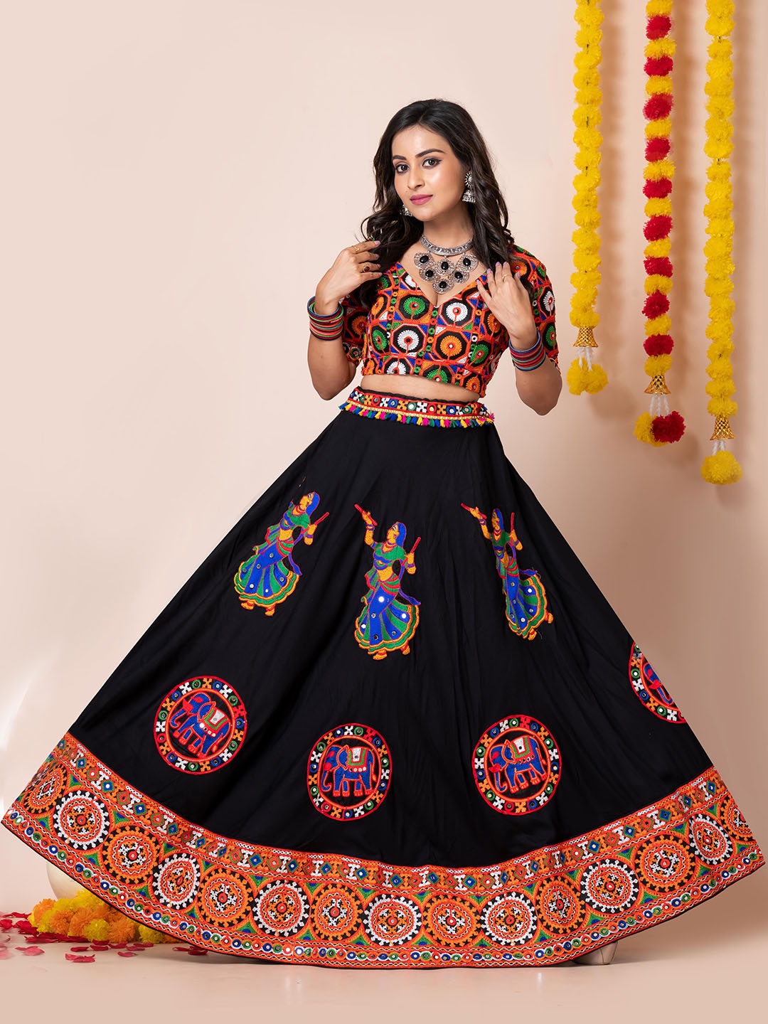 

Roykals Embroidered Thread Work Semi-Stitched Lehenga & Unstitched Blouse With Dupatta, Black