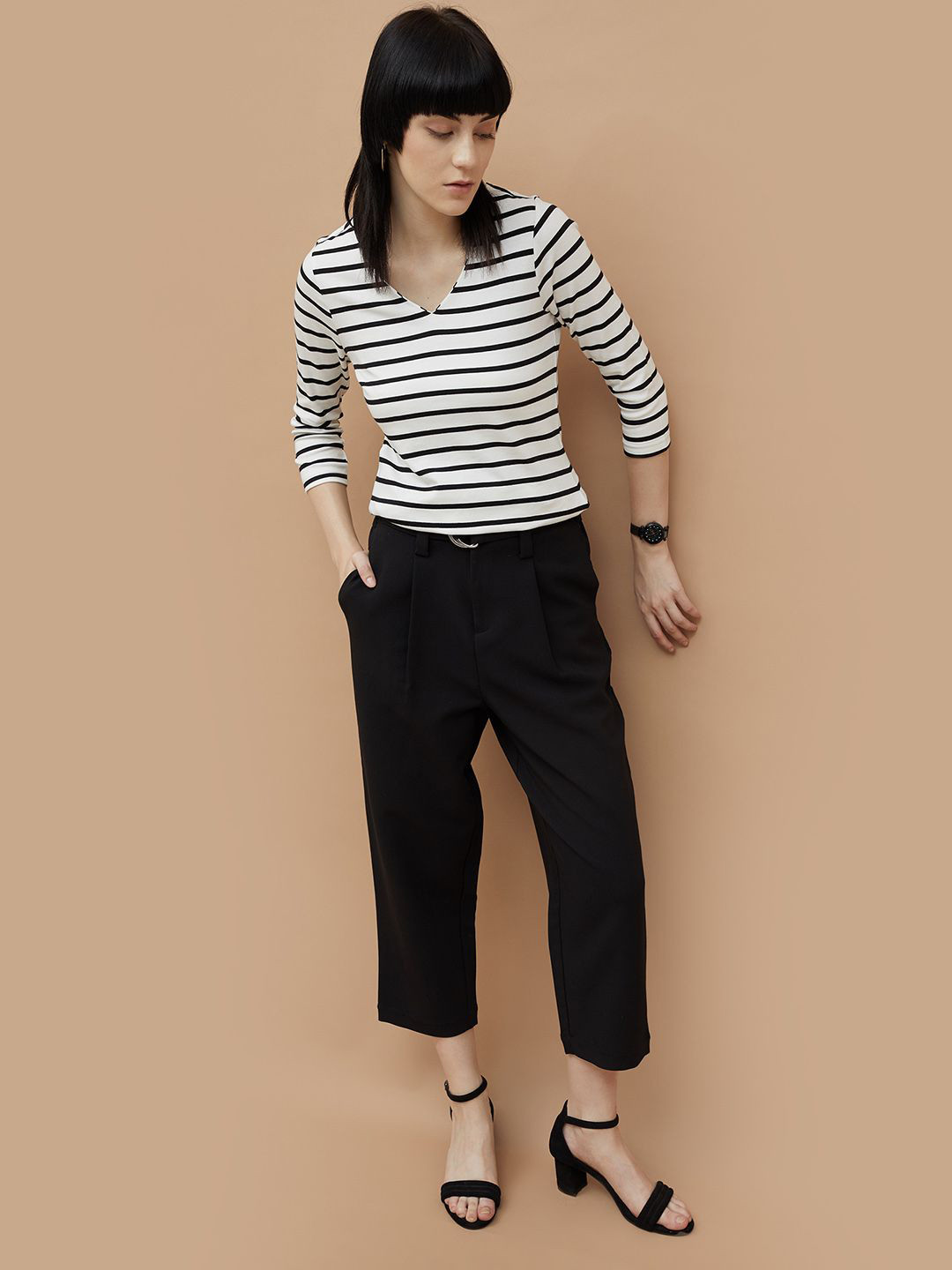 

CODE by Lifestyle Women Striped V-Neck Cotton Top, Off white