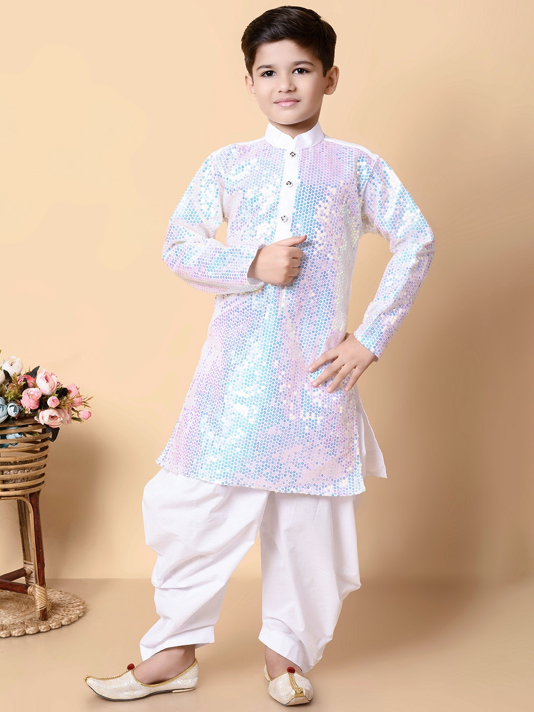 

NFC CREATION Boys Geometric Embroidered Sequinned Dupion Silk Kurta With Patiala, White