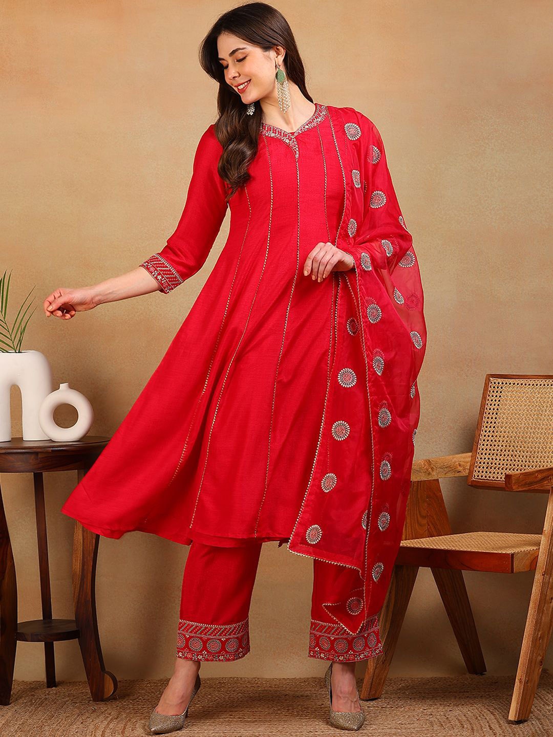 

KALINI Floral Embroidered Empire Gotta Patti Silk Blend Kurta with Trousers With Dupatta, Red