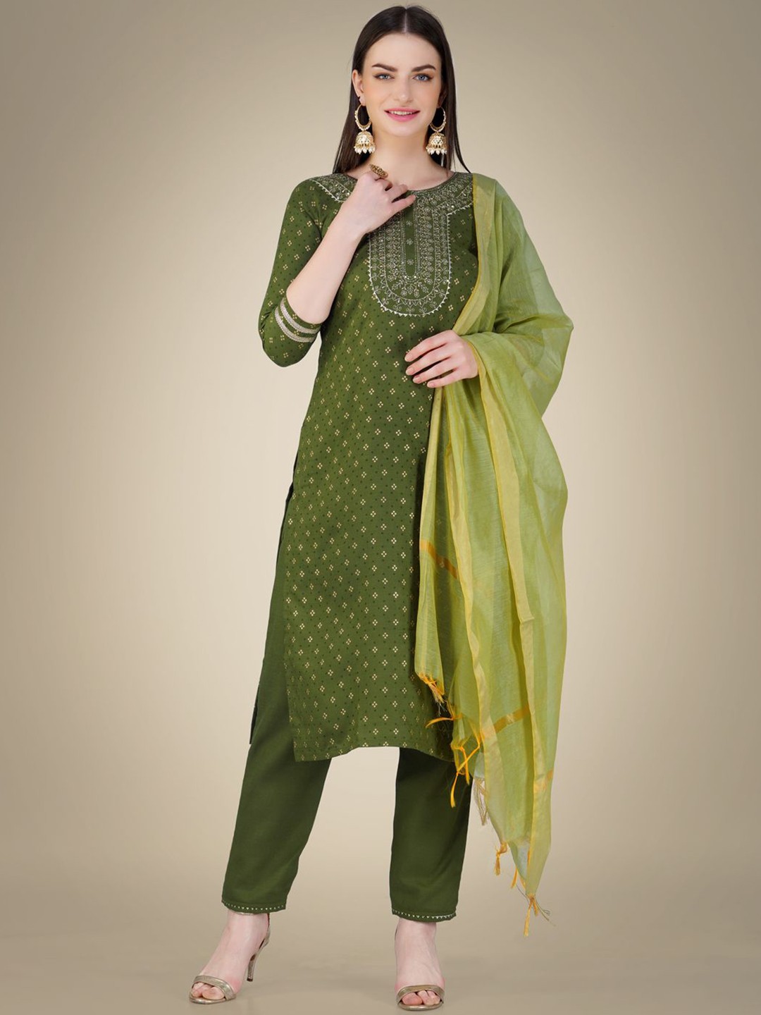 

WILNERCROWN Geometric Printed Regular Sequinned Kurta With Trousers & Dupatta, Green