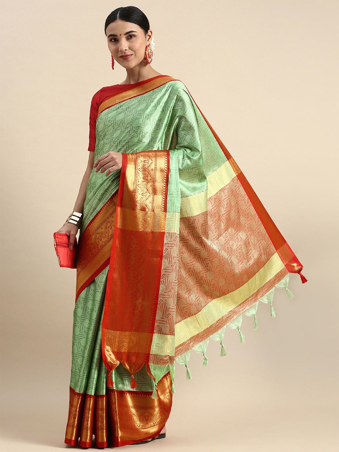 

Aika Woven Design Zari Banarasi Saree, Lime green