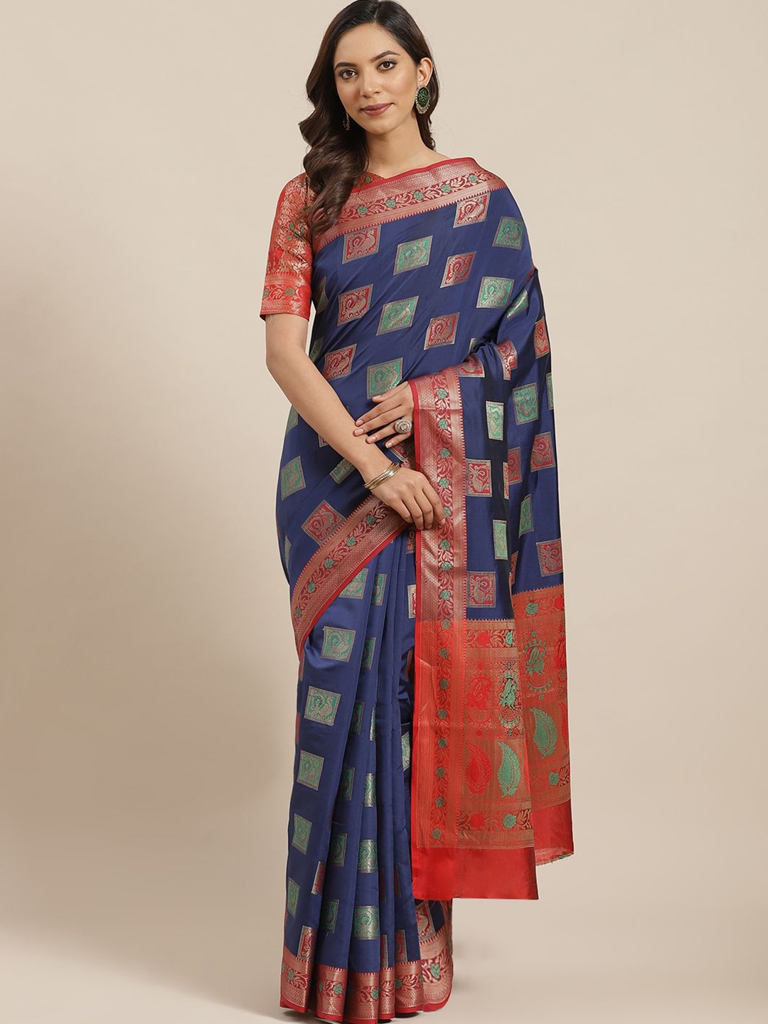 

KIMISHA Woven Design Zari Silk Blend Banarasi Saree, Navy blue