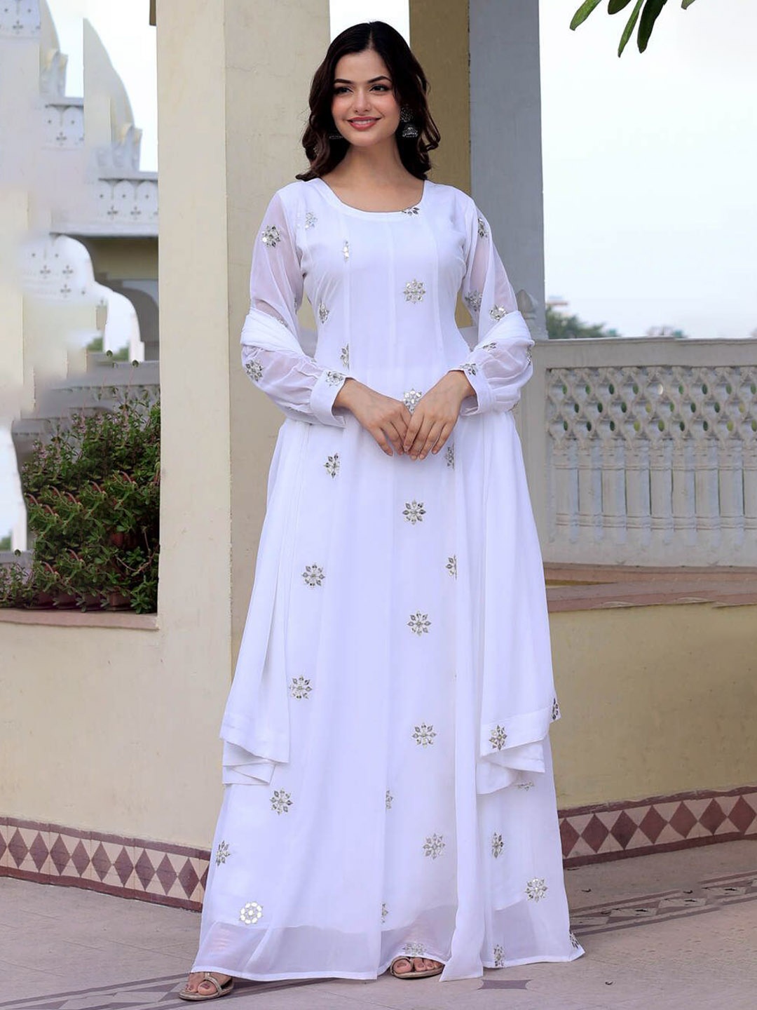 

Ethnic Yard Floral Embroidered Georgette Anarkali Kurta with Trousers & Dupatta, White