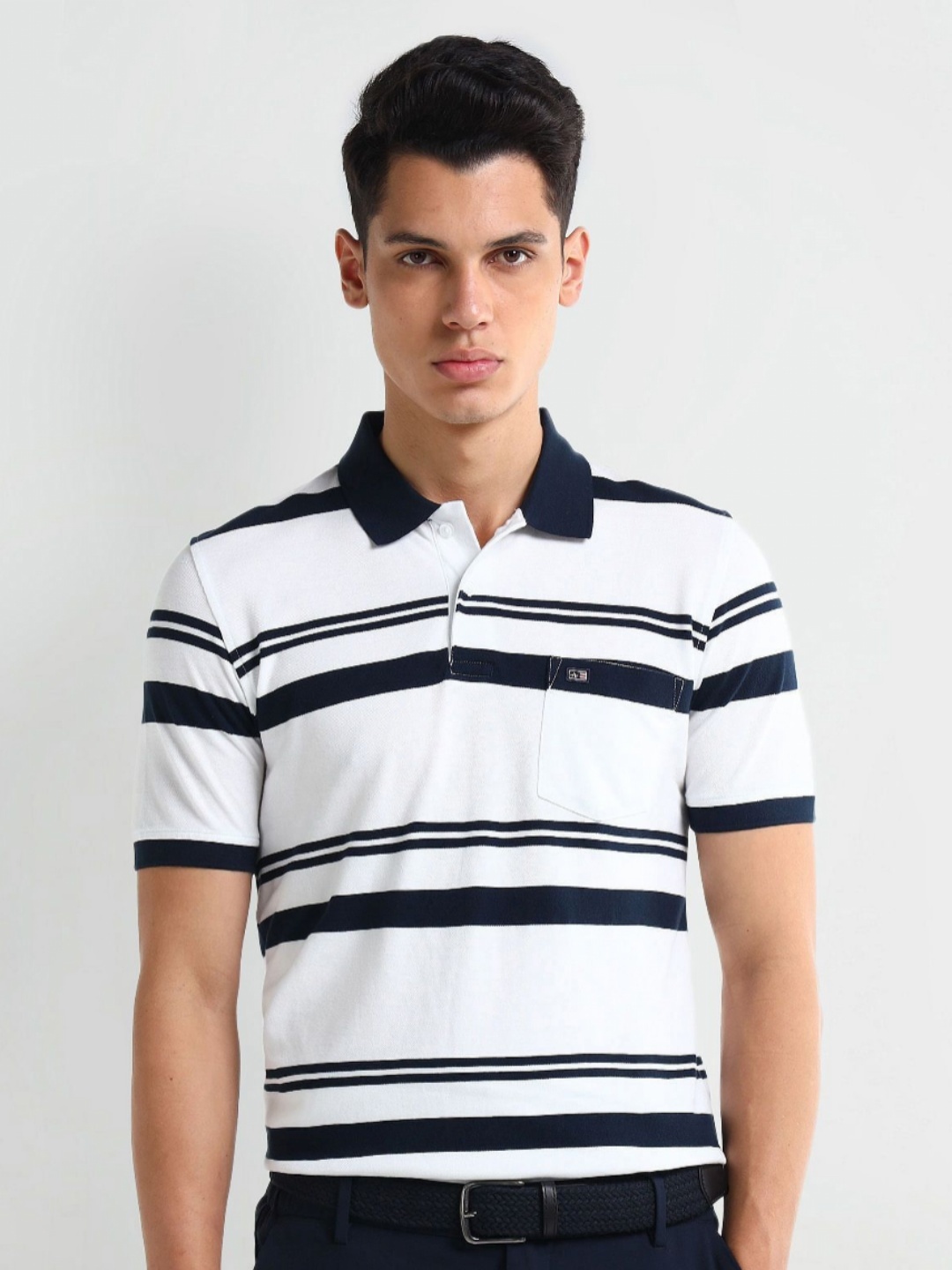

Arrow Men Striped Knits Polo Collar Cotton T-shirt, White