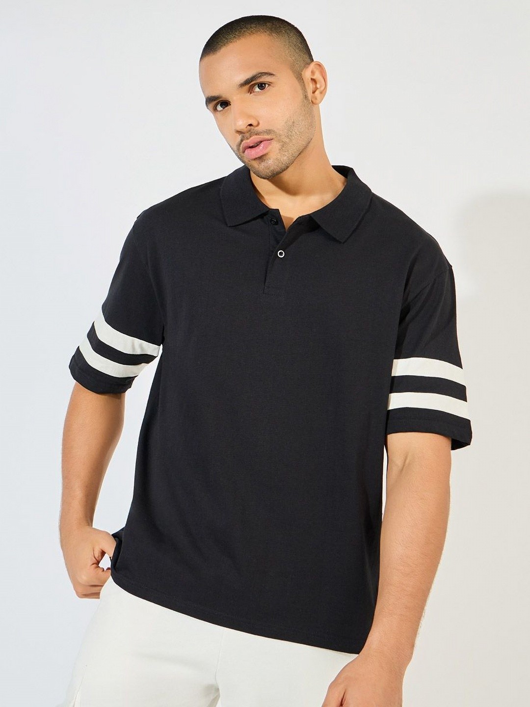 

Styli Men Oversized Heavy Jersey Polo with Panel Stripes, Black