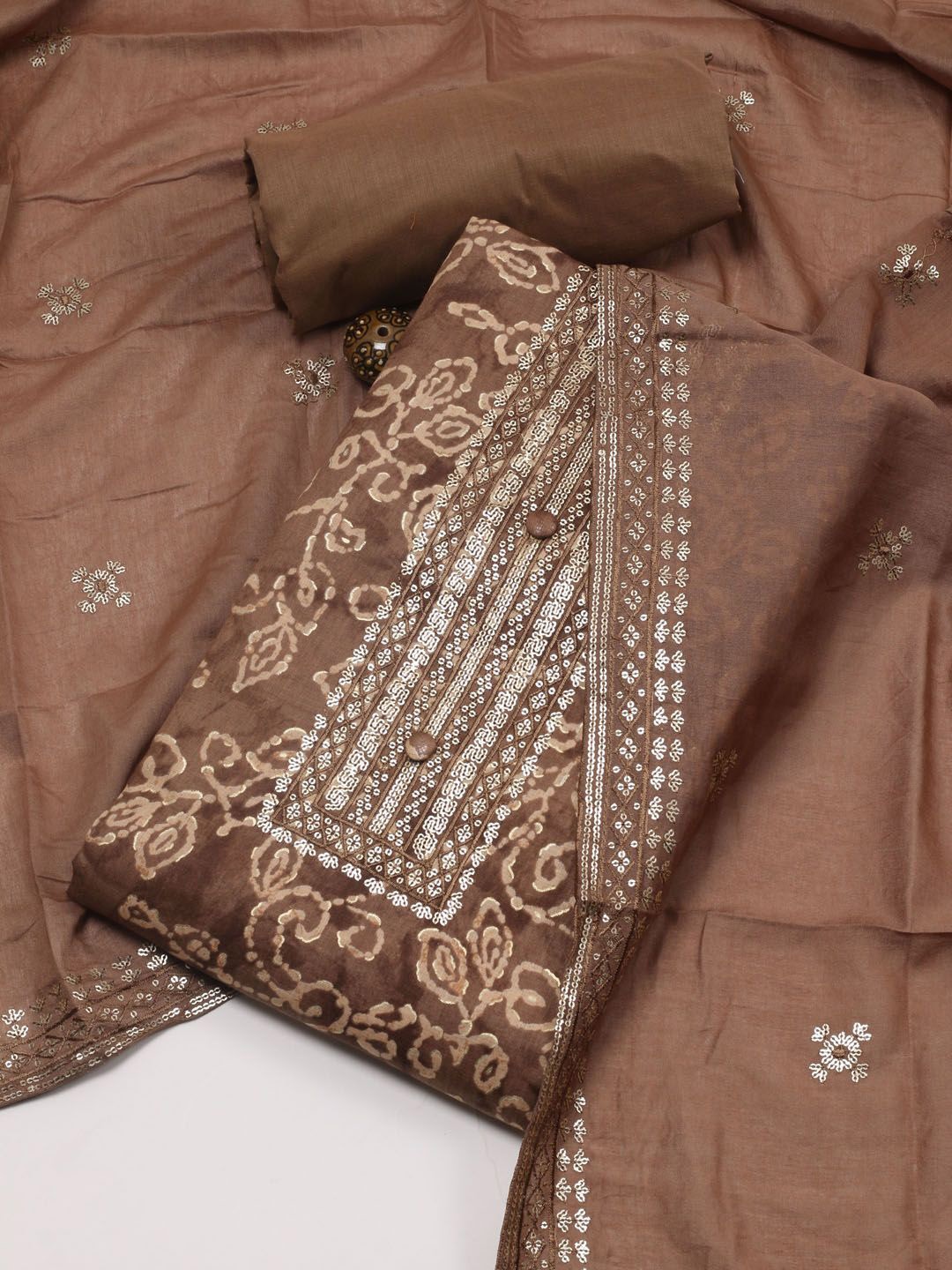 

Meena Bazaar Floral Printed Sequinned Unstitched Dress Material, Brown