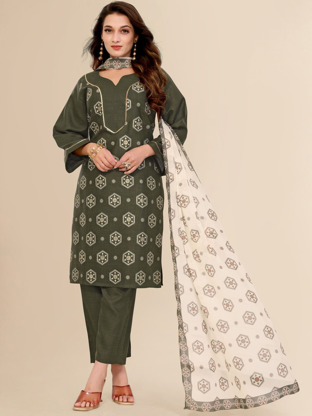 

TITANIUM SILK INDUSTRIES PVT. LTD. Geometric Printed Kurta With Trousers & Dupatta, Olive