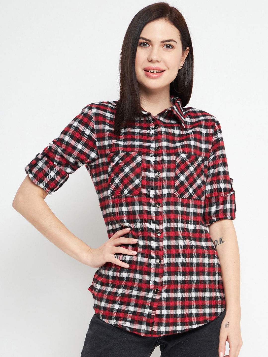 

BAESD Women Classic Spread Collar Tartan Checked Casual Shirt, Red