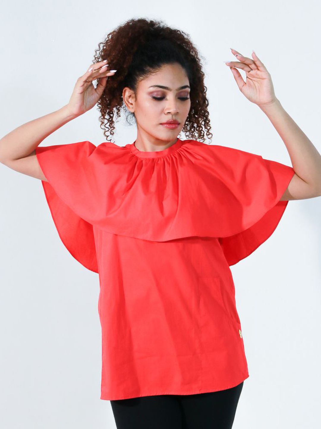 

ECHKE Women Solid Round Neck Cotton Top, Coral