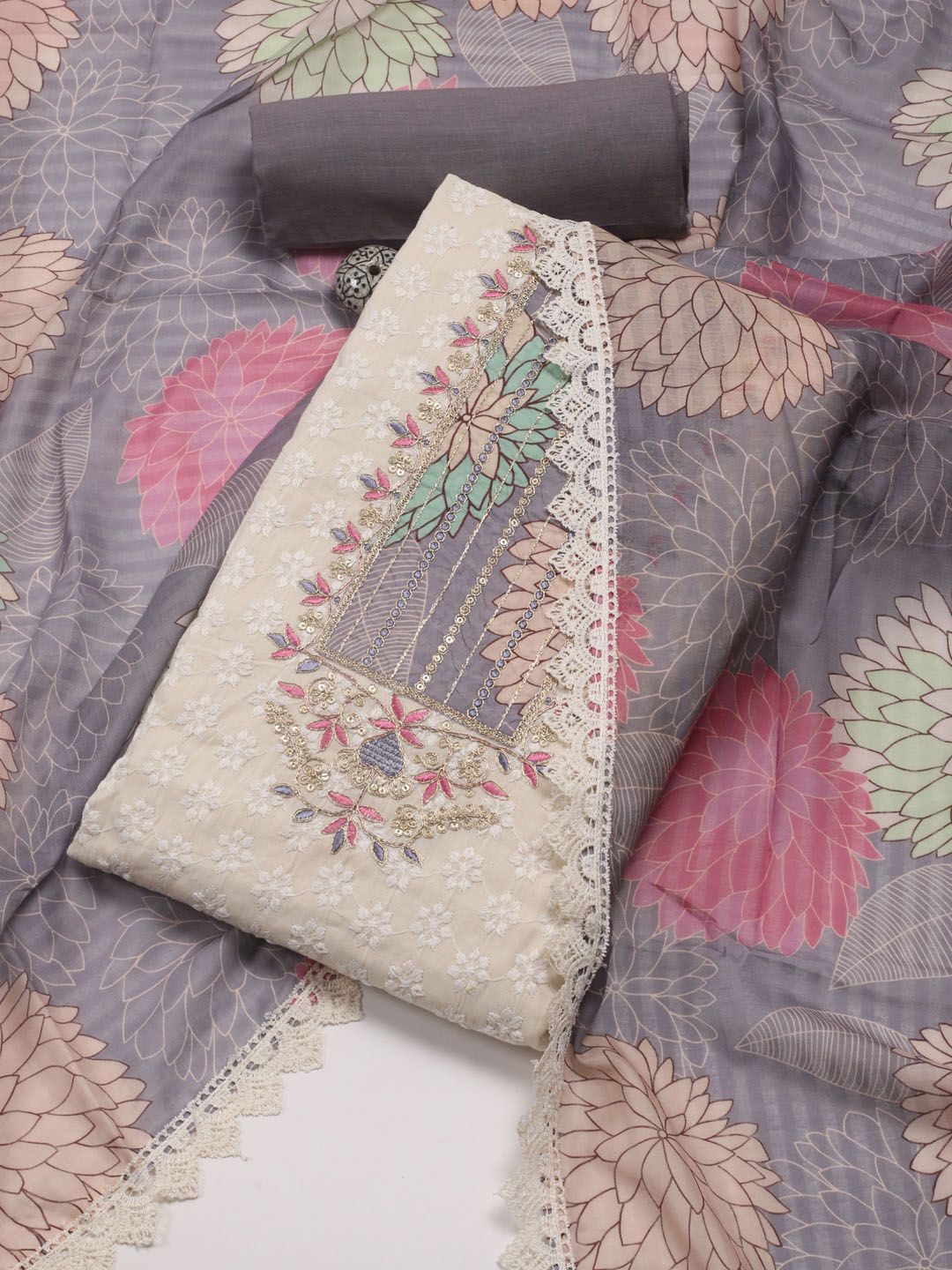 

Meena Bazaar Embroidered Thread Work Unstitched Dress Material, Cream