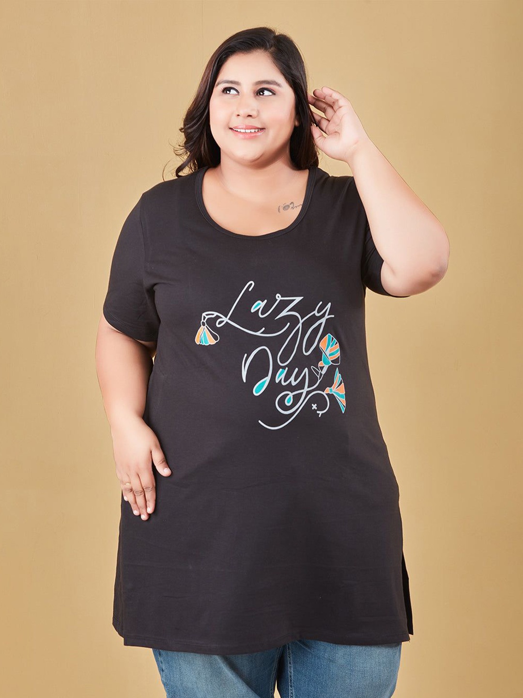 

CUPID Women Graphic Printed Round Neck Cotton Top, Black