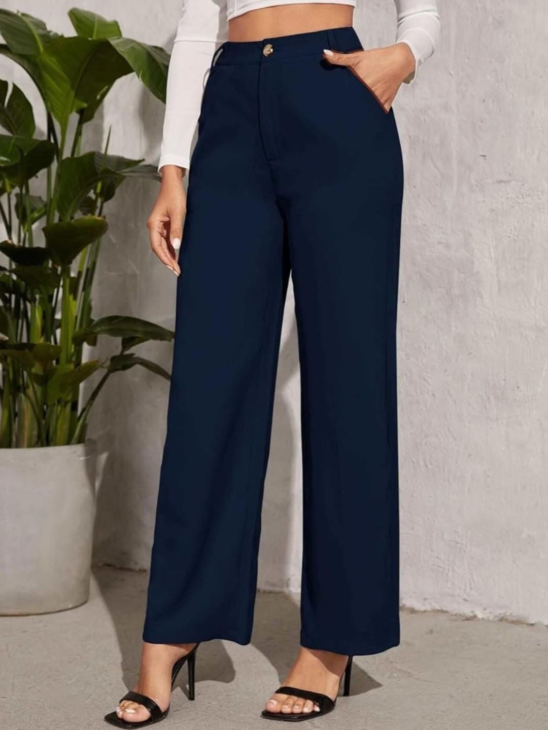 

BROADSTAR Women Smart High-Rise Easy Wash Trousers, Navy blue