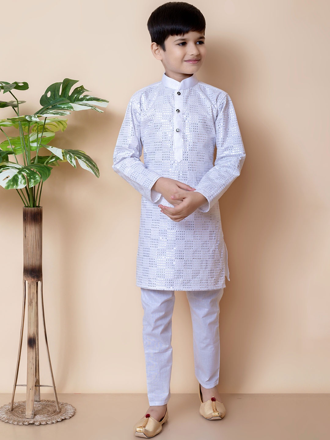 

NFC CREATION Boys Embroidered Straight Sequinned Pure Cotton Kurta with Pyjamas, White