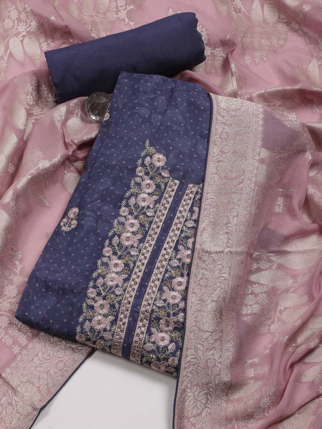 

Meena Bazaar Floral Embroidered Art Silk Unstitched Dress Material, Navy blue