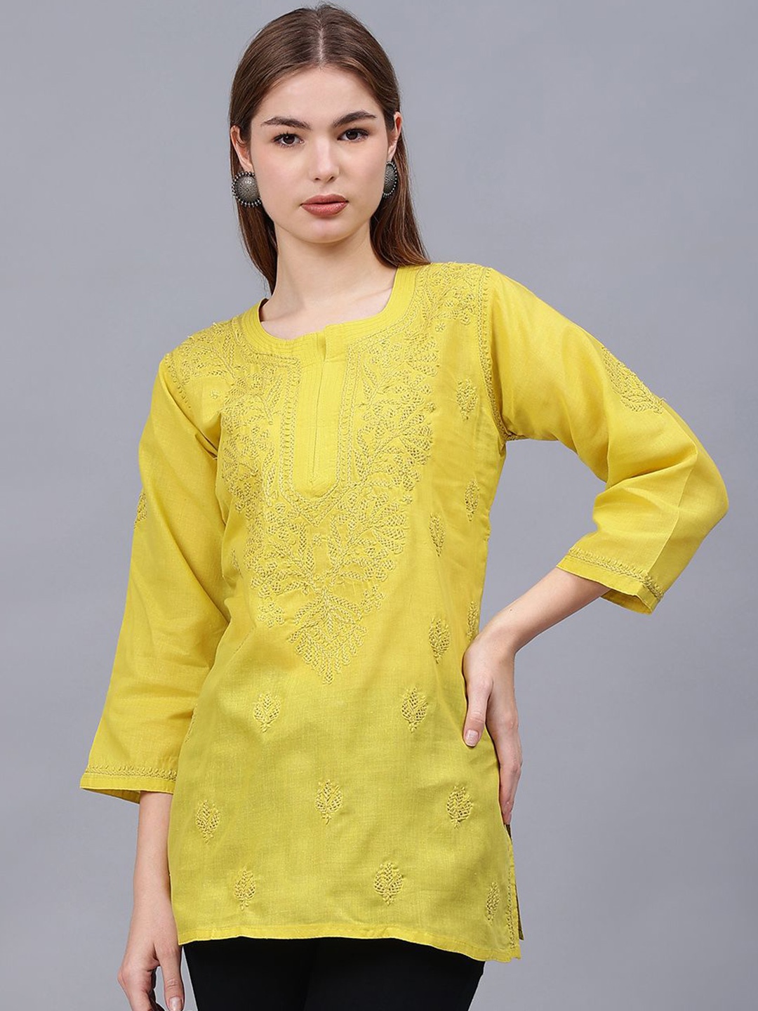 

Seva Chikan Ethnic Motifs Embroidered Chikankari Handloom Chikankari Kurti, Green