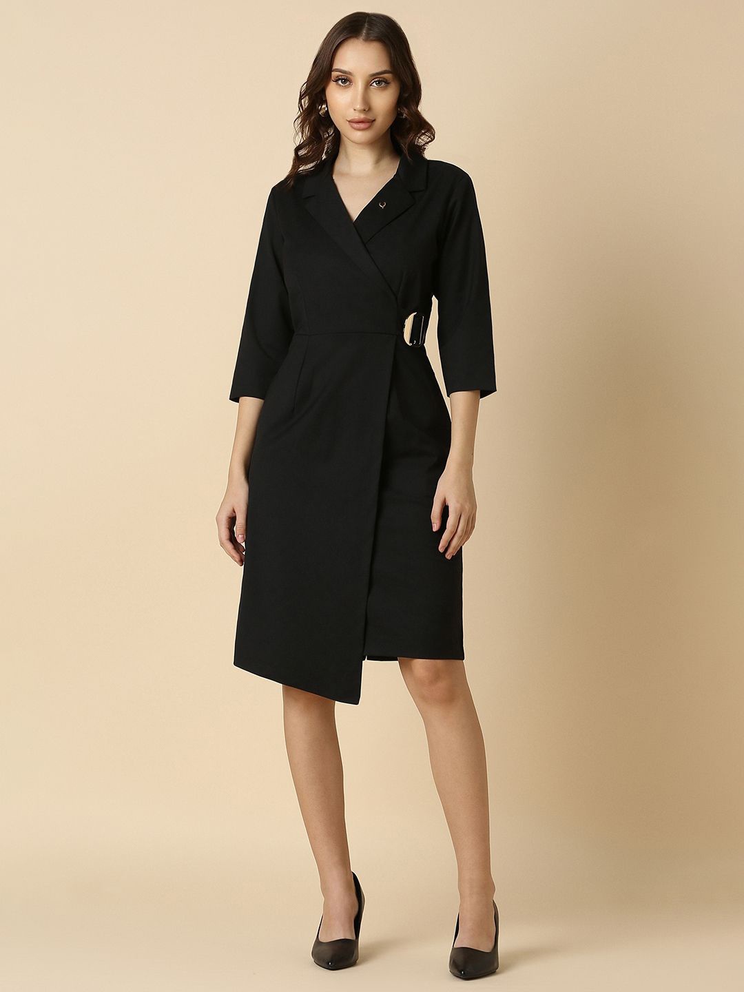 

Allen Solly Woman Solid Belted Wrap Dress, Black