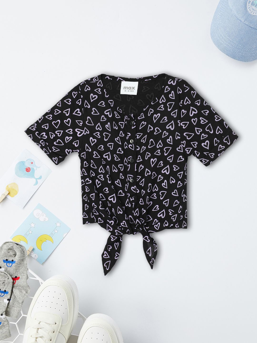 

max Girls Graphic Printed V Neck Cotton Top, Black