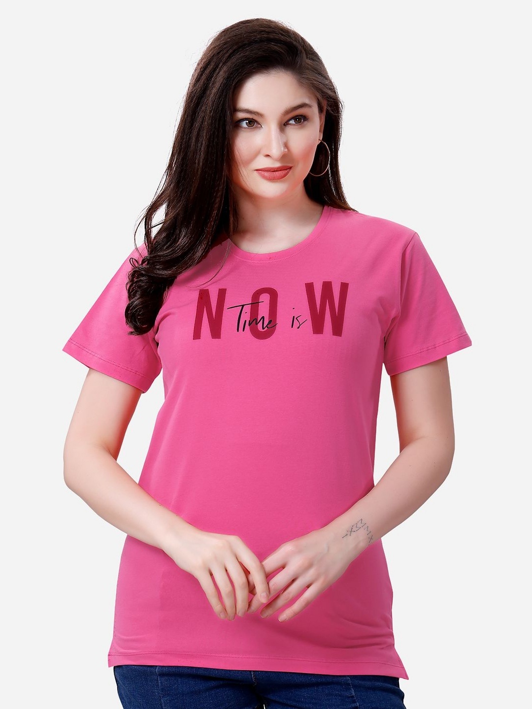 

Lenissa Women Typography Printed Round Neck Cotton Relaxed Fit T-Shirt, Pink