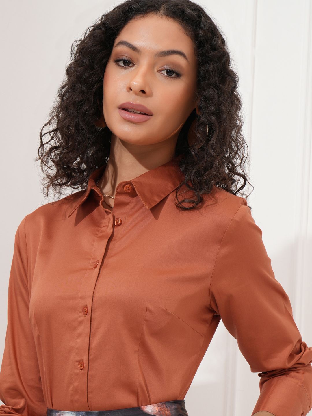 

Tokyo Talkies Women Solid Buttondown Satin Shirt, Rust