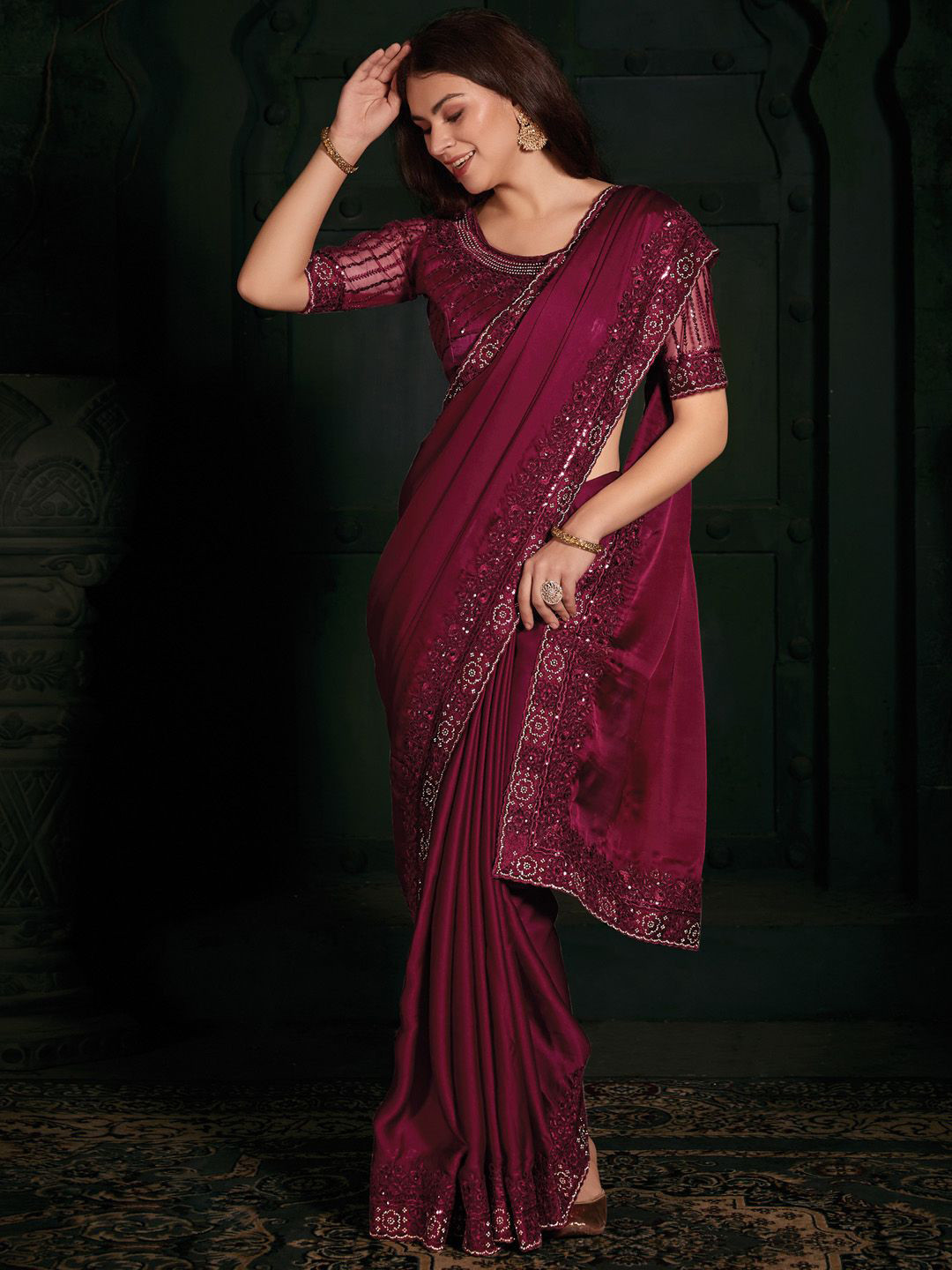 

Anouk Ethnic Motifs Beads and Stones Satin Saree, Pink