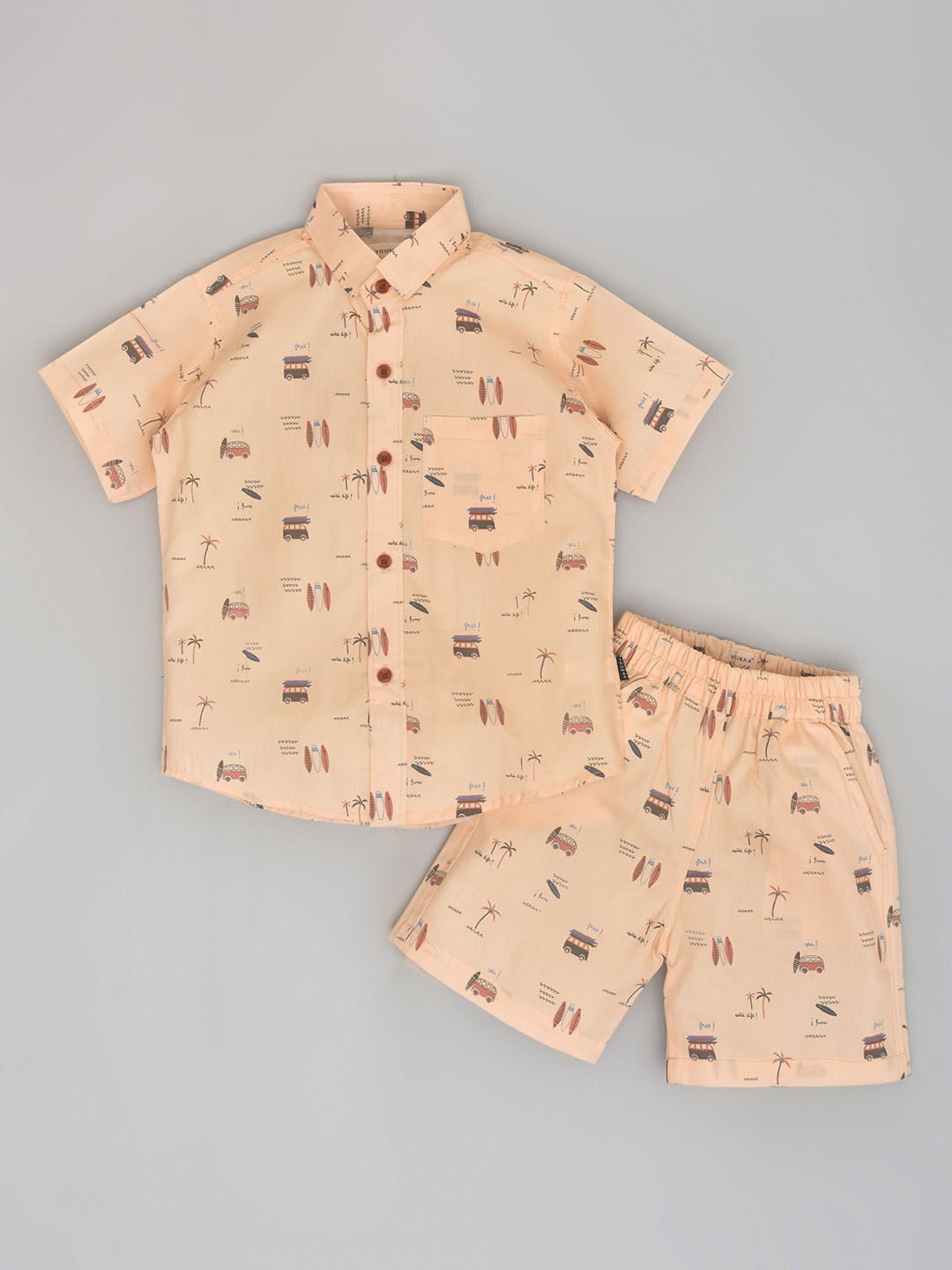 

YOUMAA Boys Printed Pure Cotton Shirt With Shorts, Peach