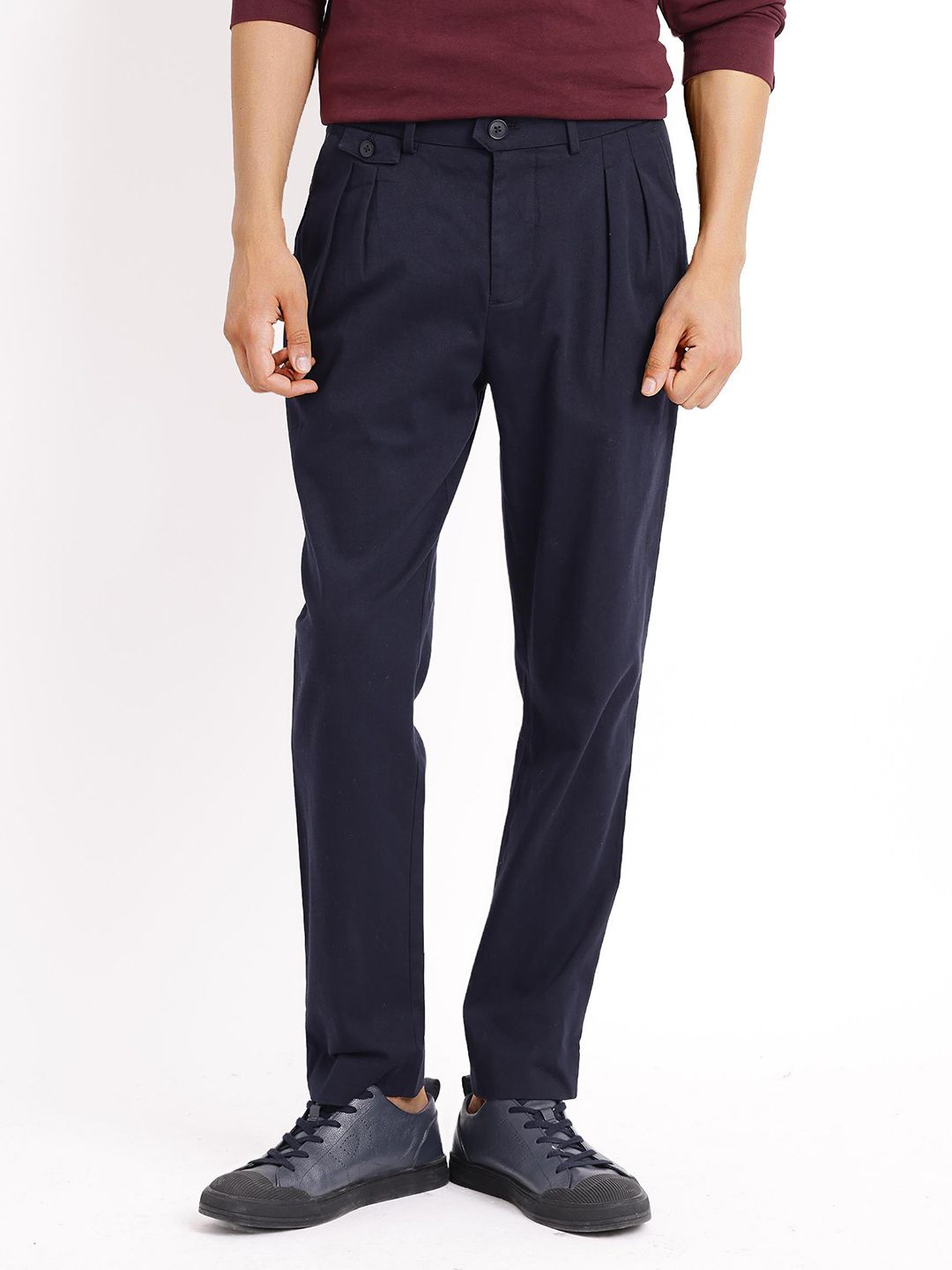 

RARE RABBIT Men Cotton High-Rise Pleated Trousers, Navy blue