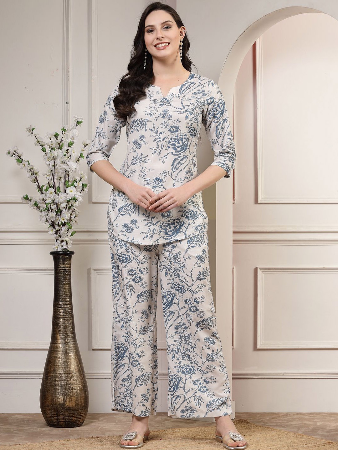 

KALINI Floral Printed Top With Trousers, Cream
