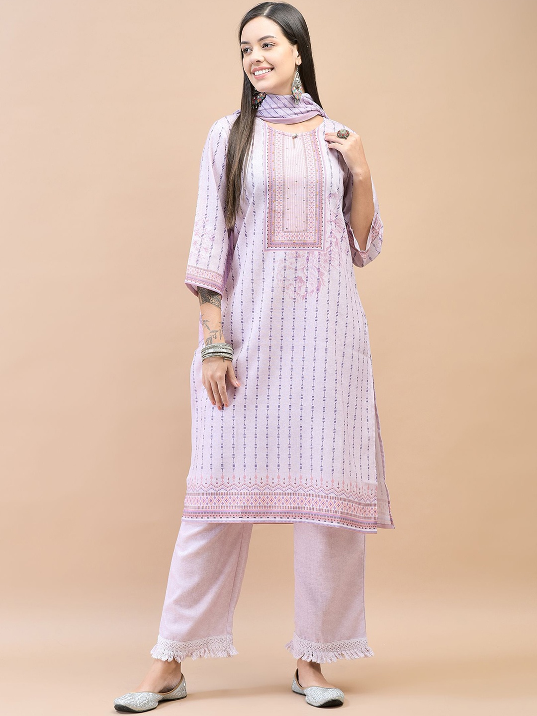 

Shree Women Printed Regular Linen Kurta with Trousers & With Dupatta, Lavender