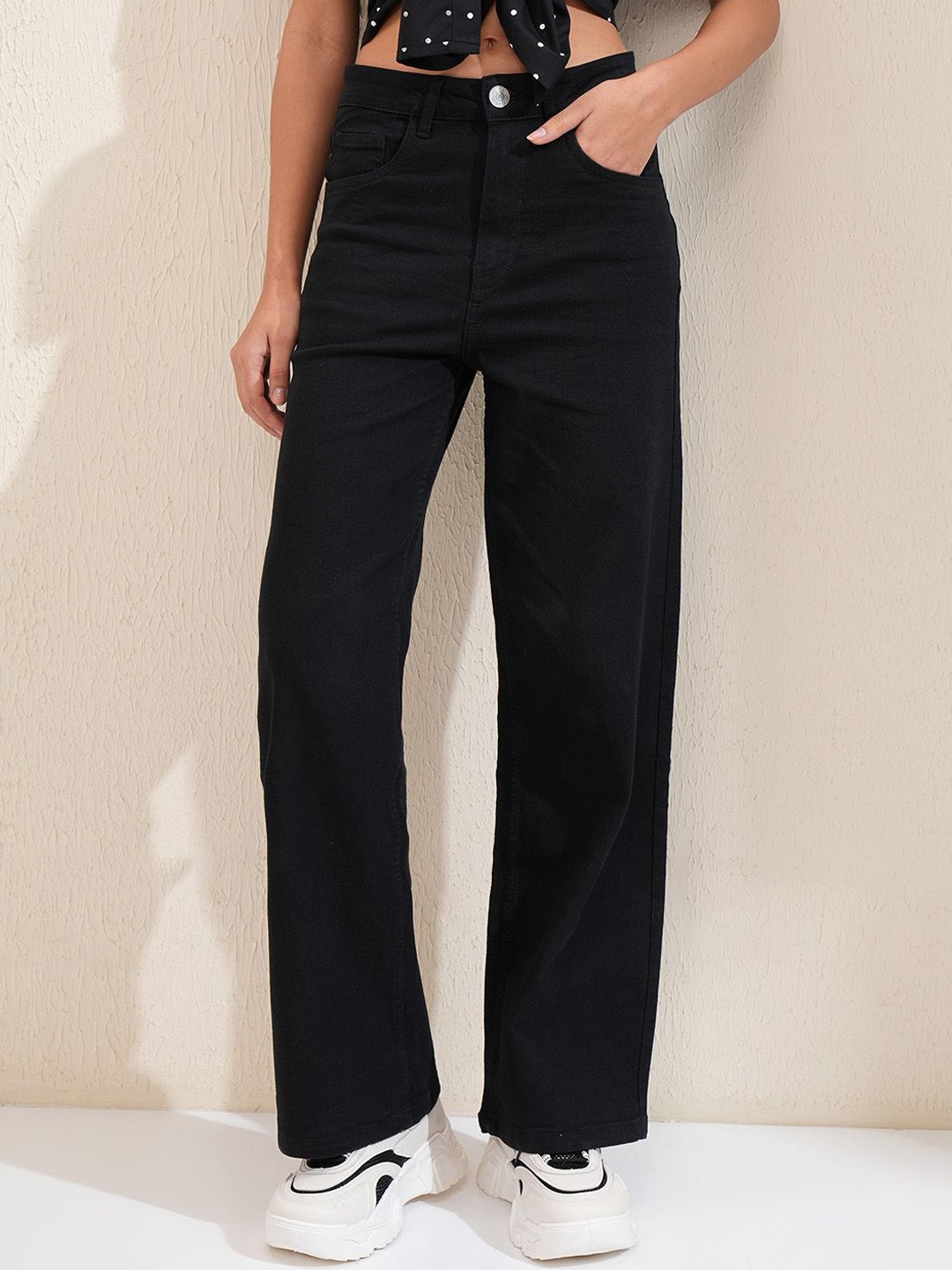 

Tokyo Talkies Women Wide Leg Mid-Rise Stretchable Jeans, Black