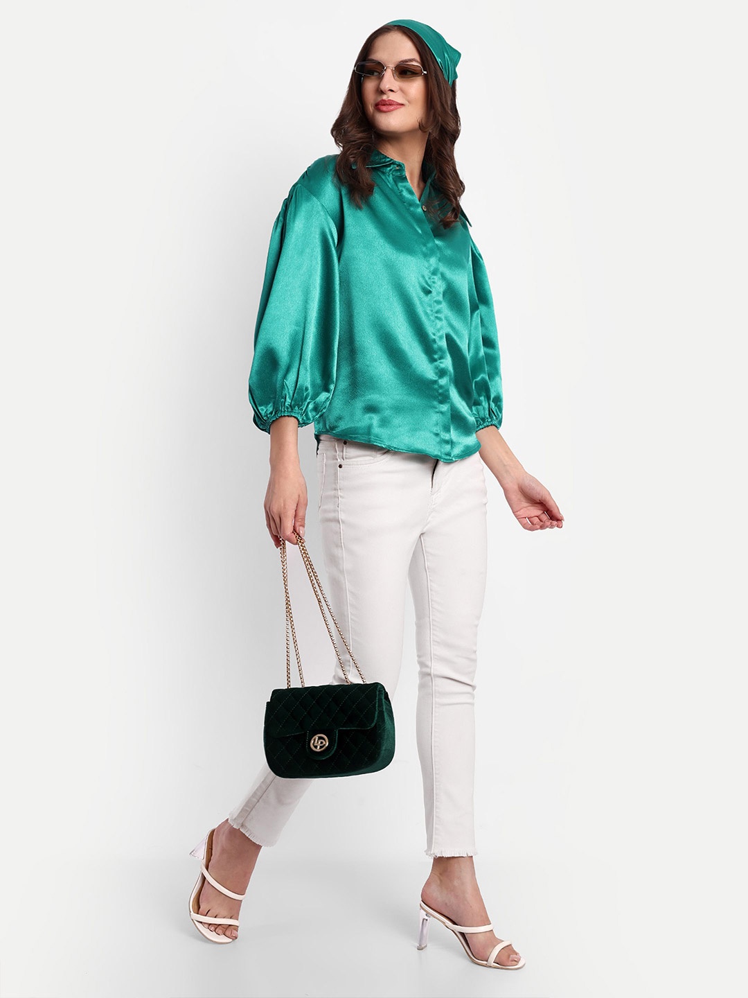 

ESSQUE Women Classic Spread Collar Solid Relaxed Fit Party Shirt, Green