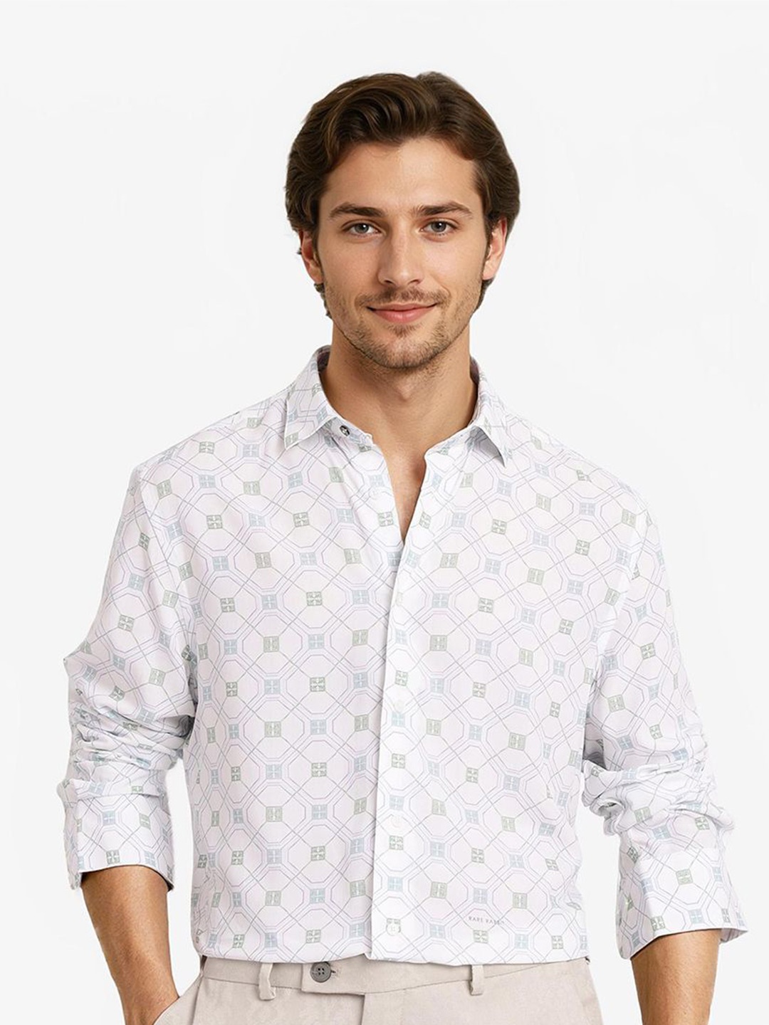 

RARE RABBIT Men Comfort Spread Collar Abstract Printed Casual Shirt, White