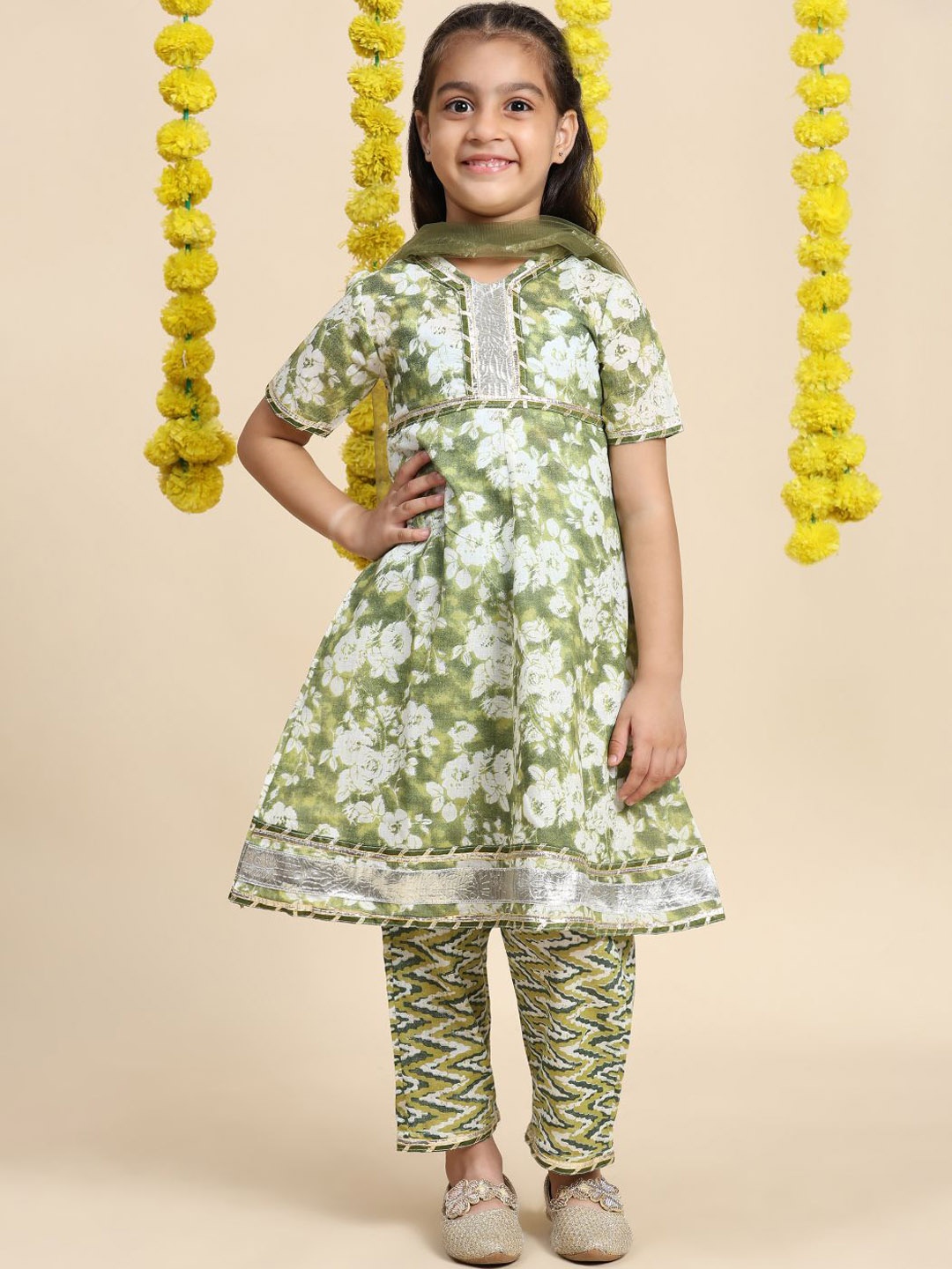 

Cutiekins Girls Floral Printed Gotta Patti A-Line Kurta With Palazzos & Dupatta, Olive