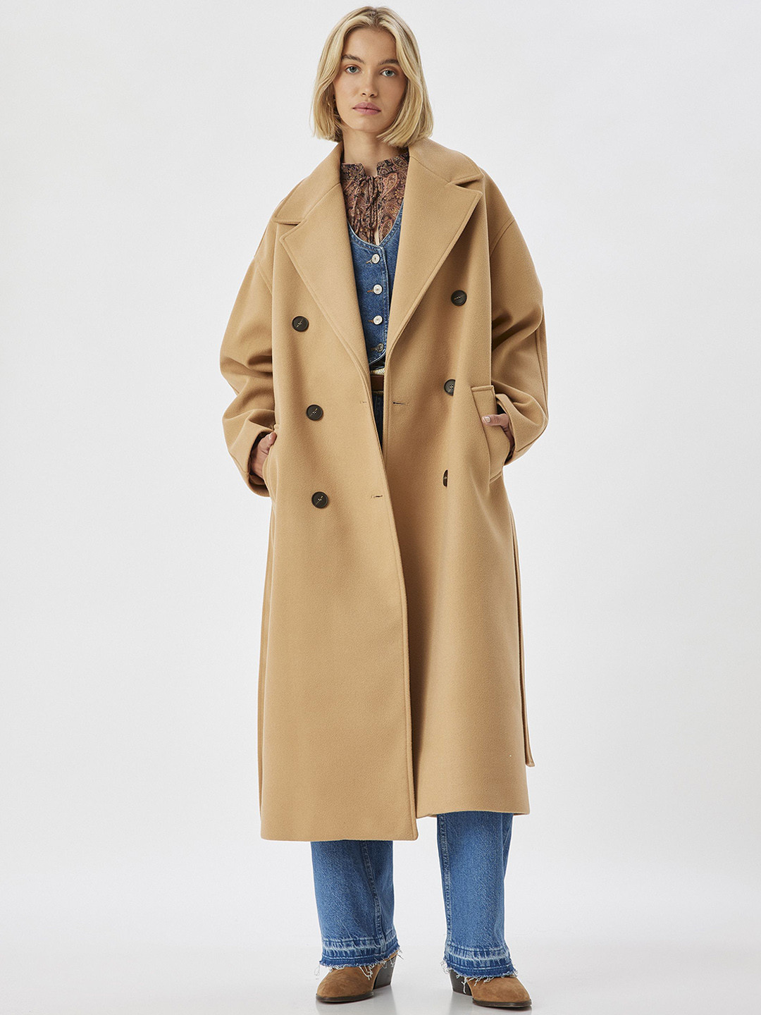 

Koton Double-Breasted Overcoat, Camel brown
