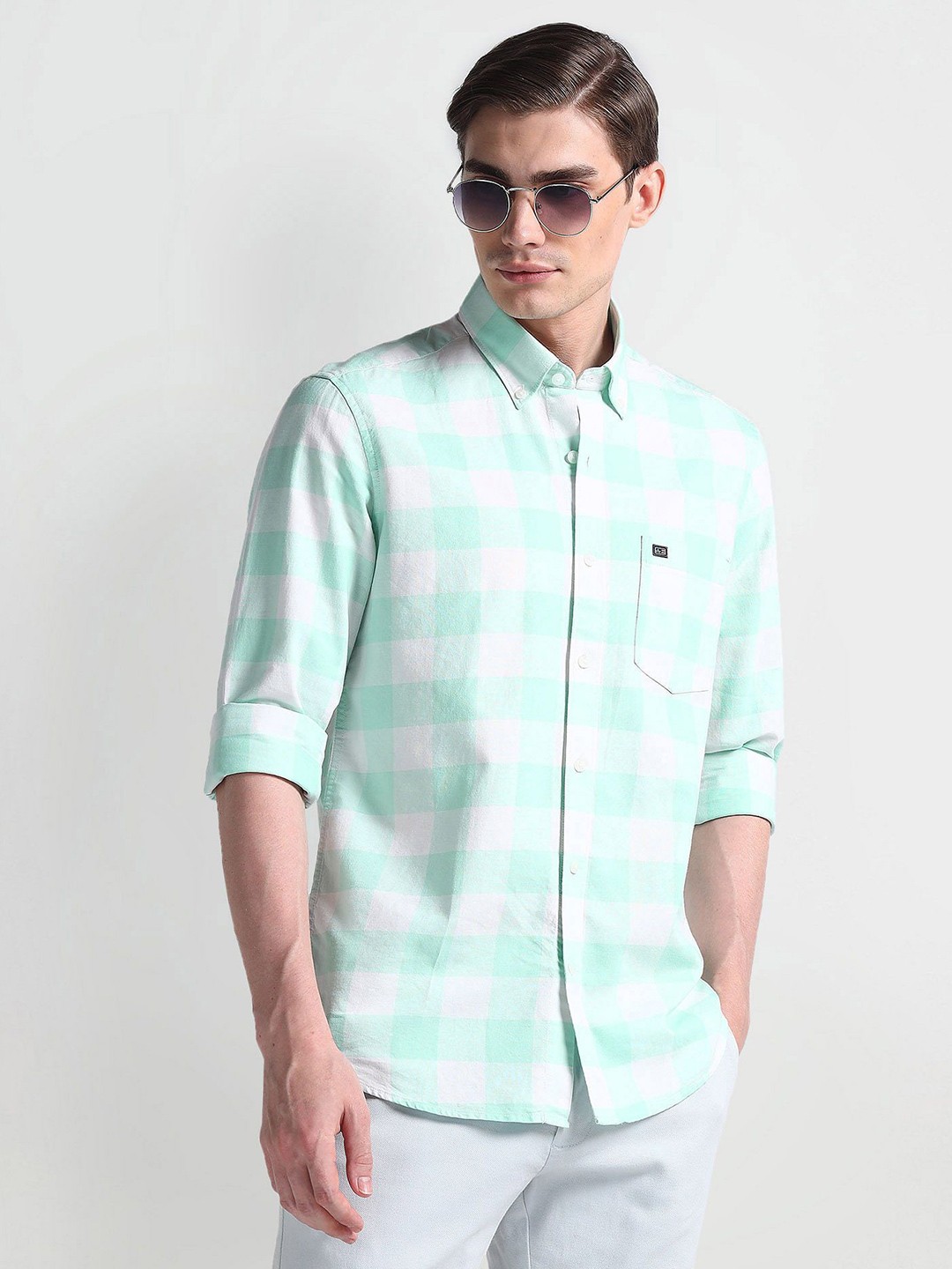 

Arrow Sport Men Smart Button-Down Collar Gingham Checked Cotton Slim Fit Casual Shirt, Green