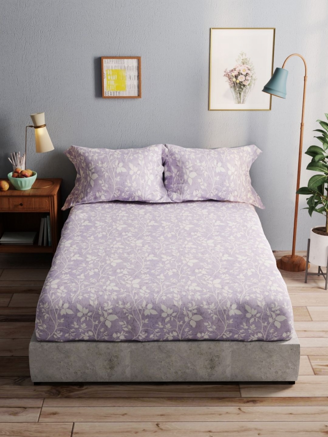 

BIANCA amolina Violet Floral Pure Cotton 140 TC Queen Bedsheet with 2 Pillow Covers
