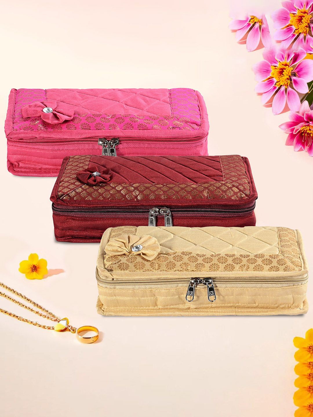 

Kuber Industries Gold-Toned & Maroon 3 Pieces Jewellery Organisers