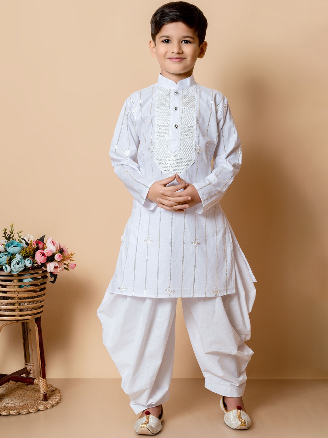 

NFC CREATION Boys Geometric Embroidered Sequinned Pure Cotton Straight Kurta with Patiala, White