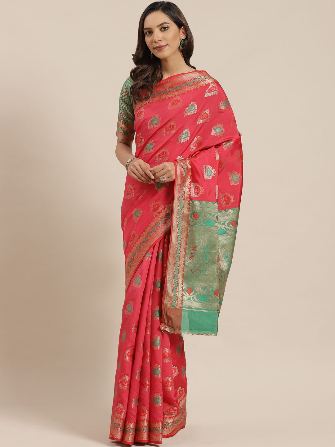 

KIMISHA Ethnic Motifs Zari Silk Blend Banarasi Saree, Red