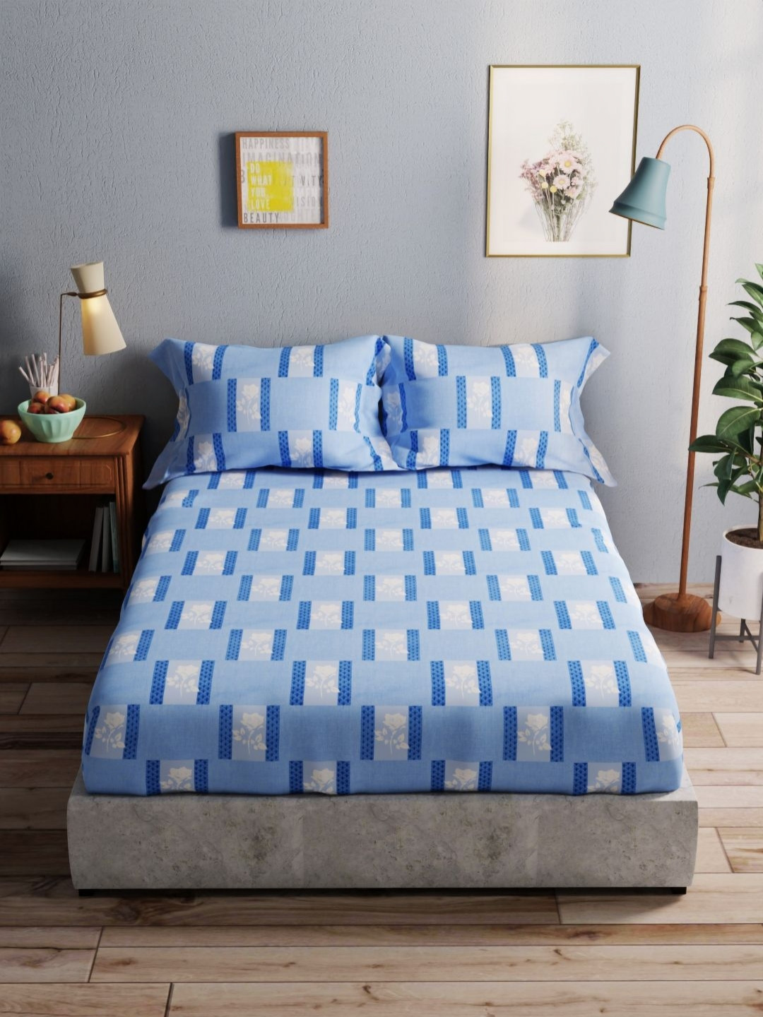 

BIANCA Blue & White Geometric 140 TC Pure Cotton Queen Bedsheet with 2 Pillow Covers
