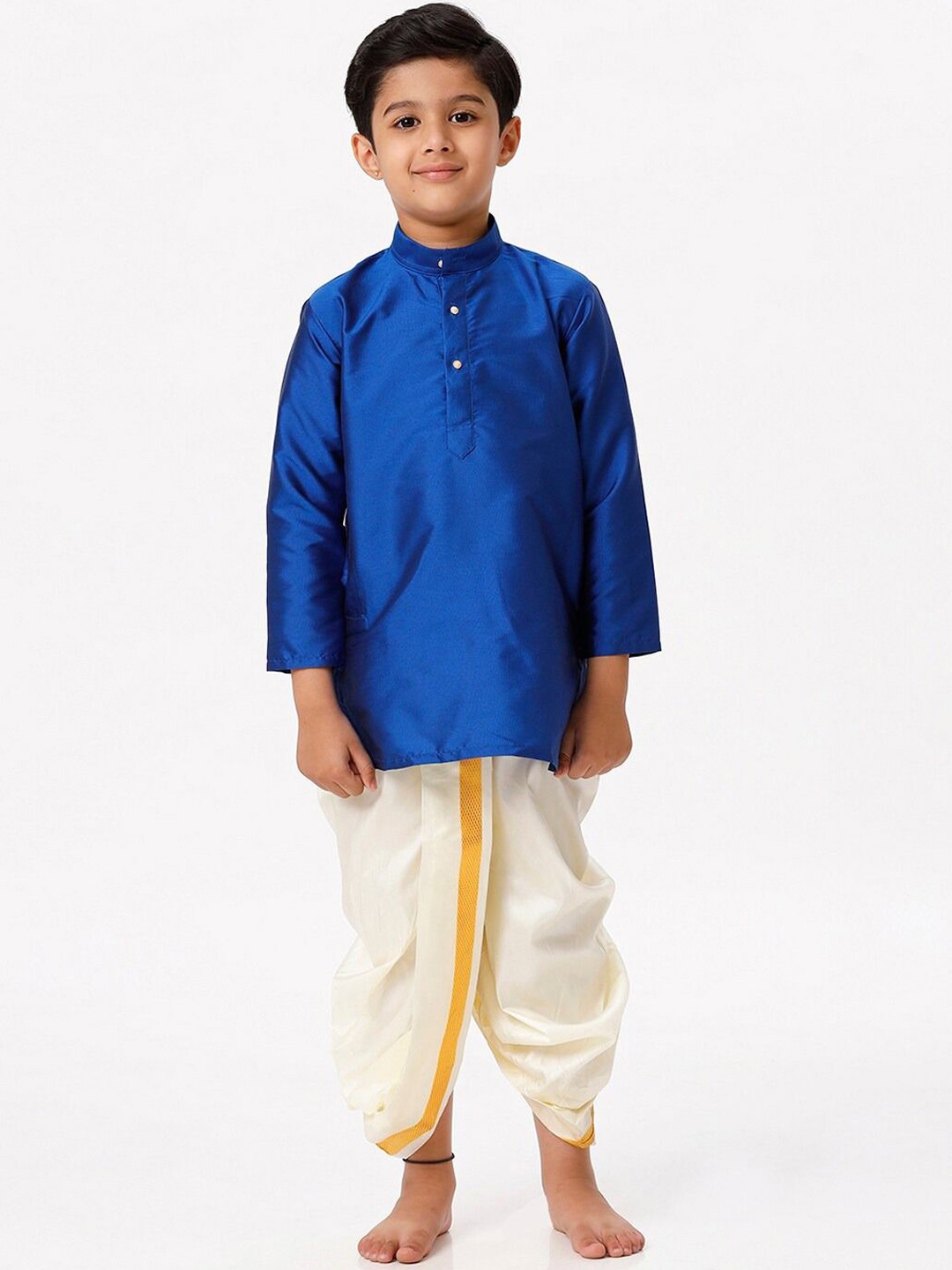 

Ramraj Boys Band Collar Silk Blend Kurta With Panchakacham, Blue