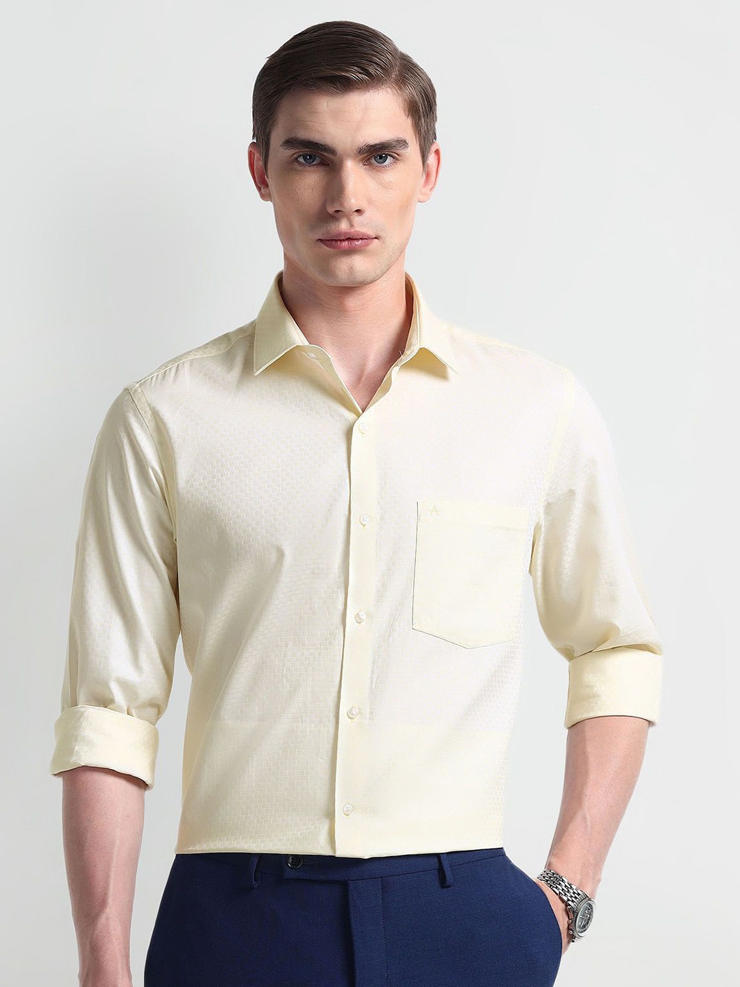 

Arrow Men Classic Spread Collar Solid Cotton Formal Shirt, Yellow