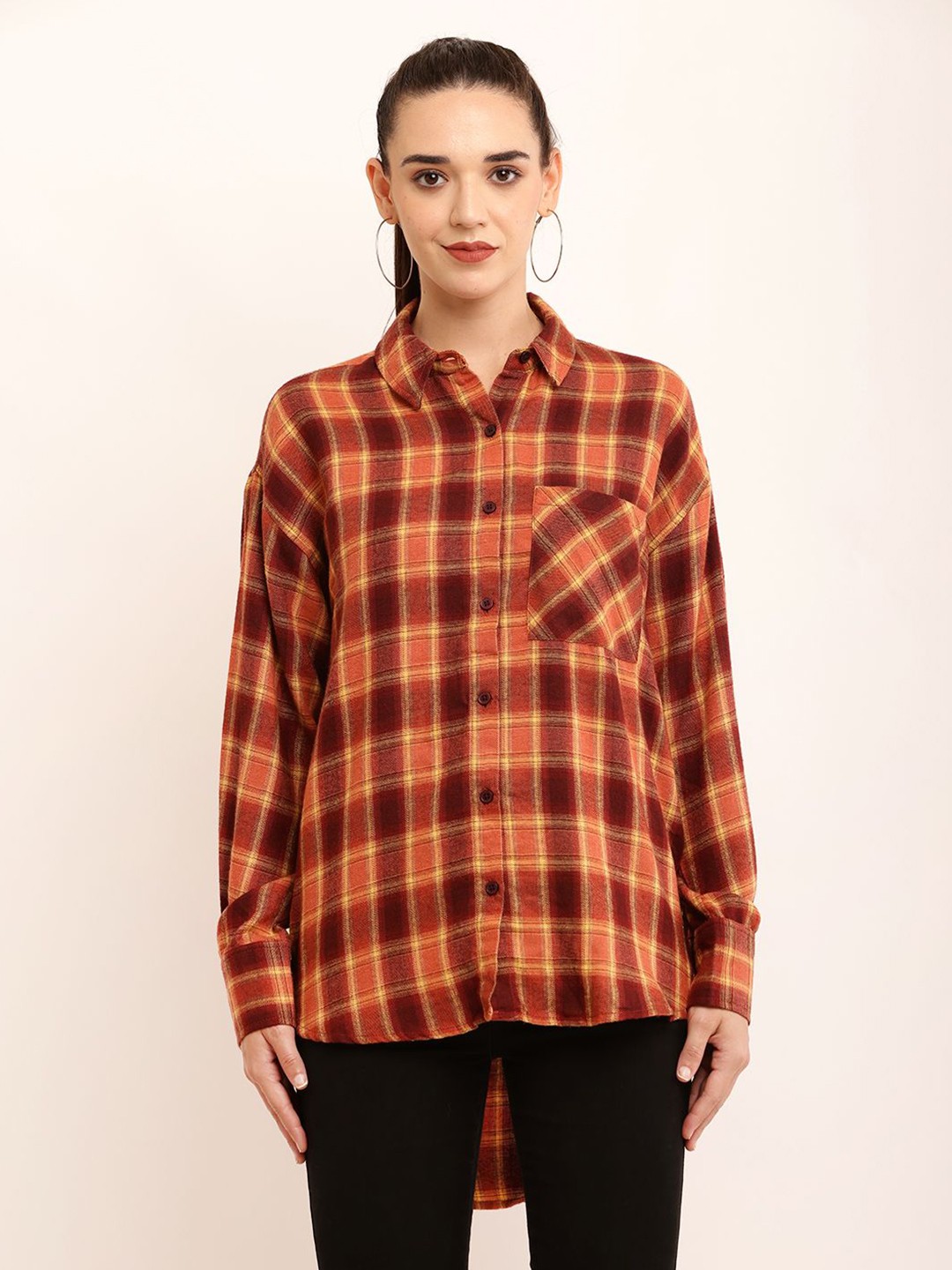 

NoBarr Women Spread Collar Tartan Checked Casual Shirt, Brown