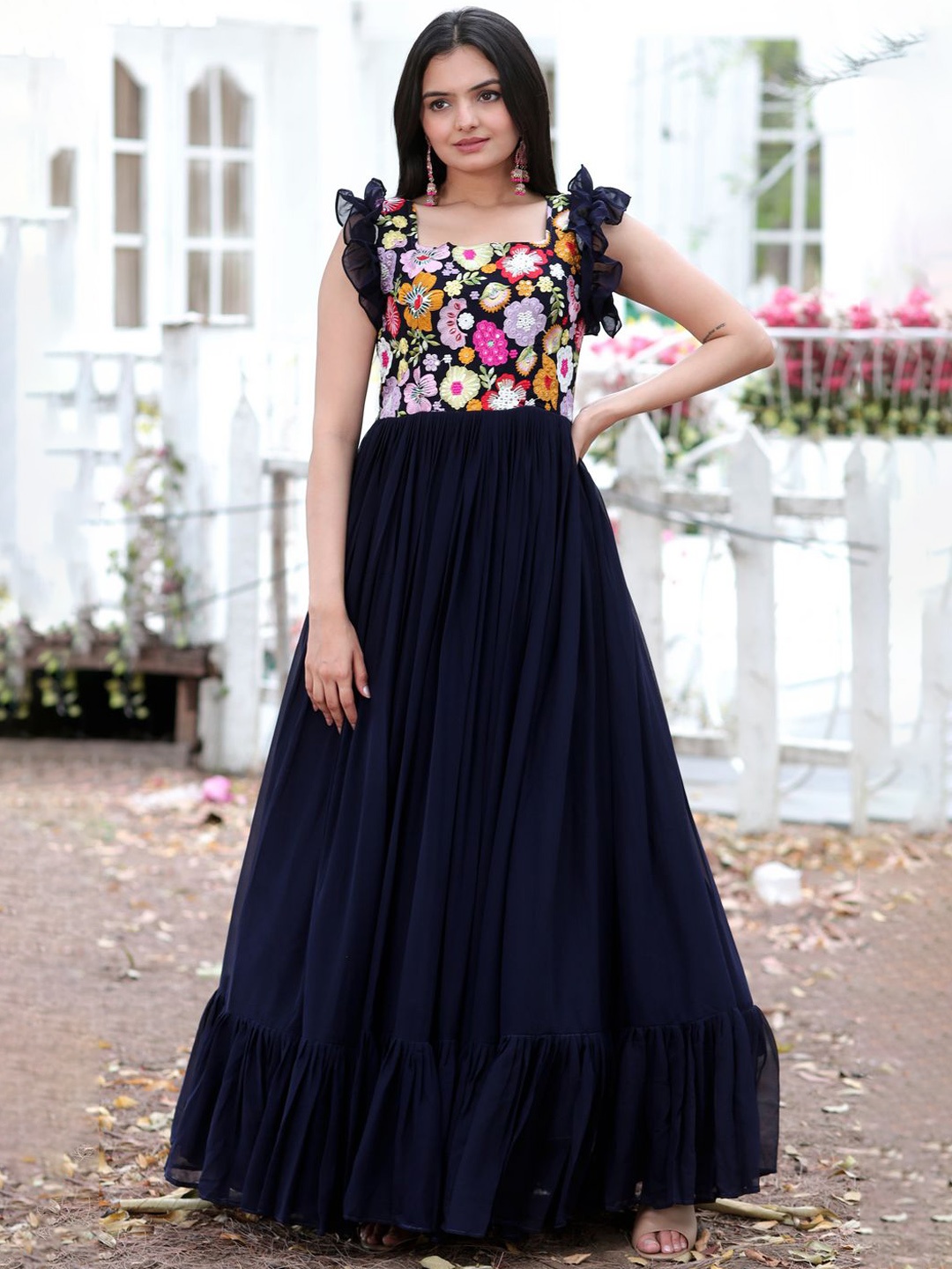 

KALINI Embroidery Square Neck Flutter Sleeves Maxi Ethnic Dresses, Navy blue