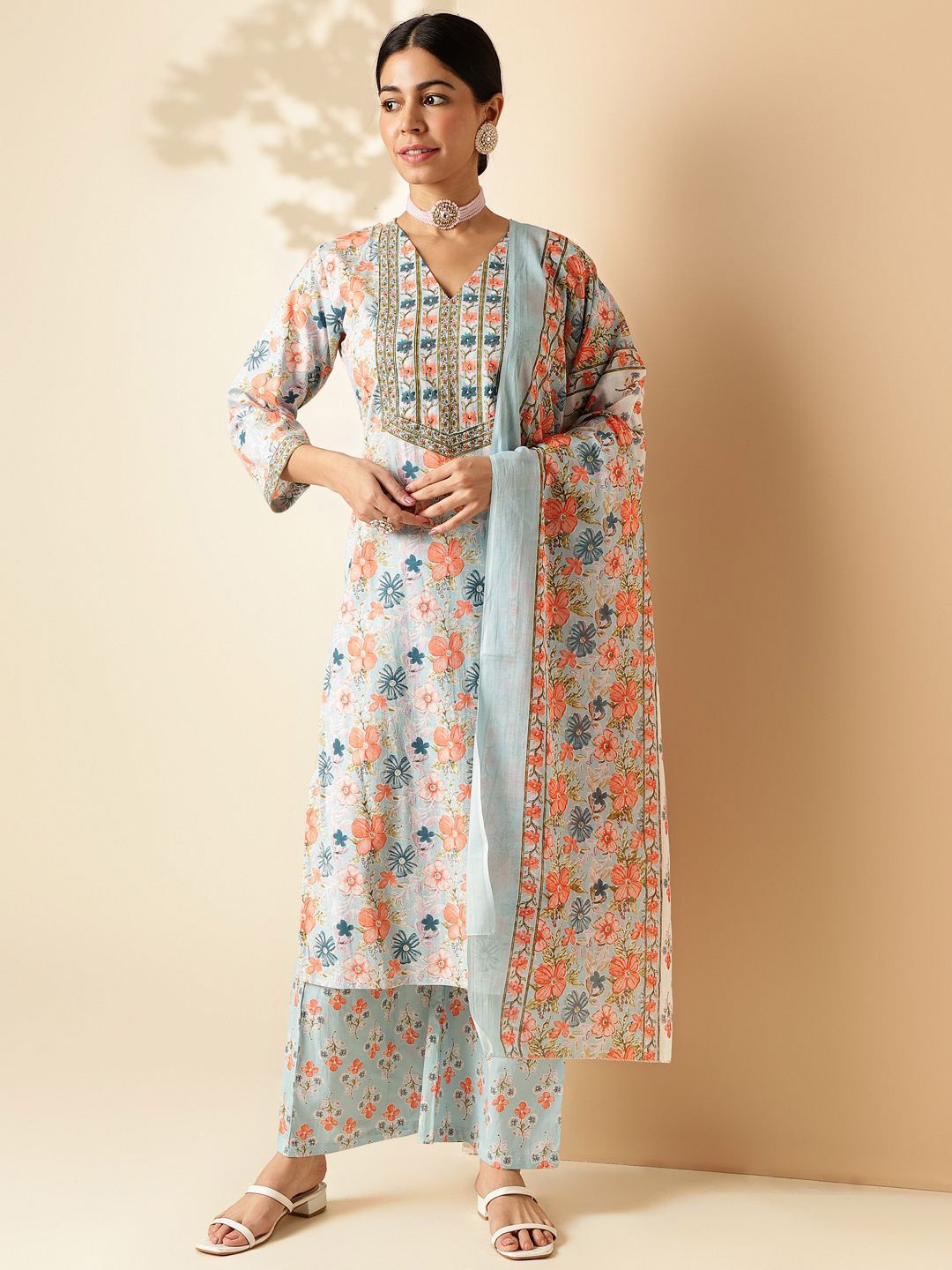 

KALINI Floral Printed V-Neck Straight Kurta With Trousers & Dupatta, Blue