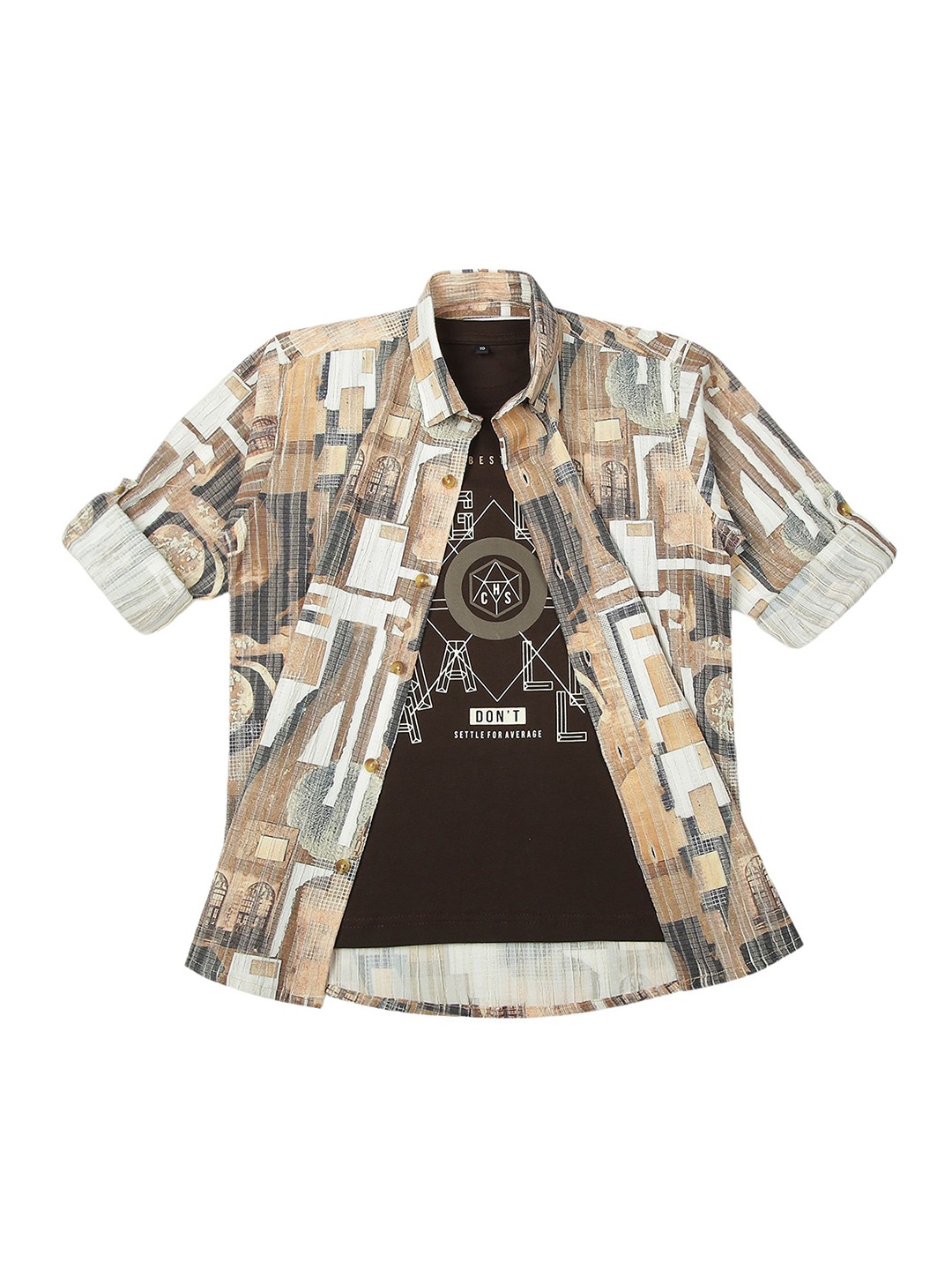 

CAVIO Boys Spread Collar Abstract Printed Cotton Casual Shirts & T-Shirt, Brown