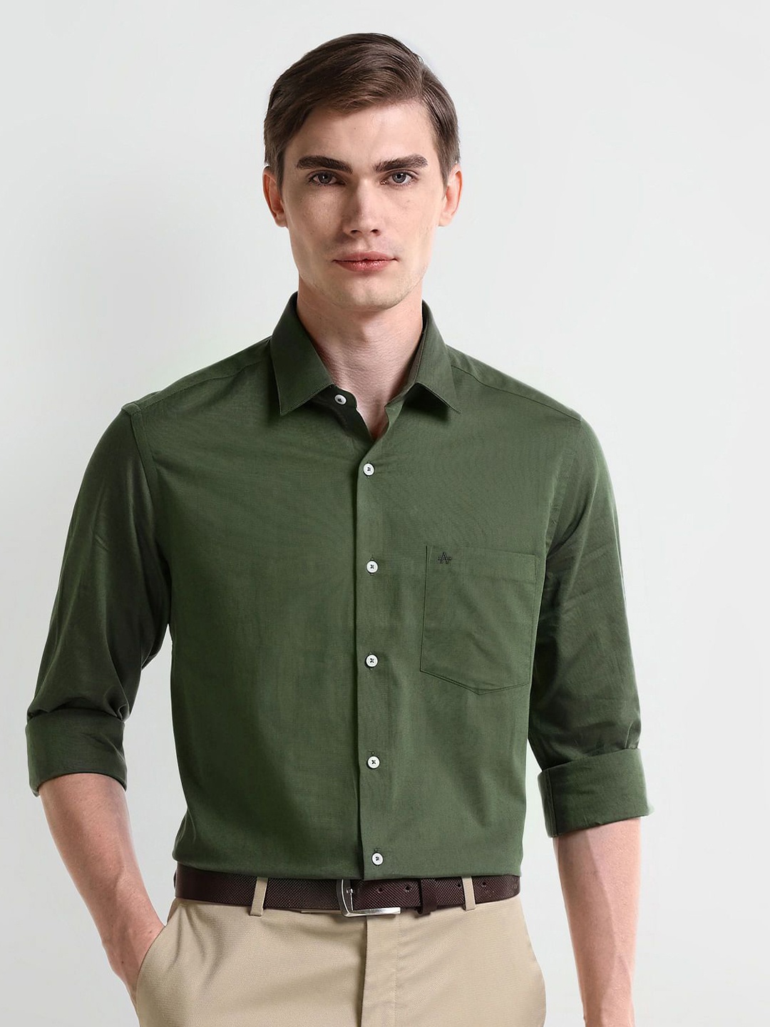 

Arrow Men Classic Spread Collar Solid Cotton Formal Shirt, Green