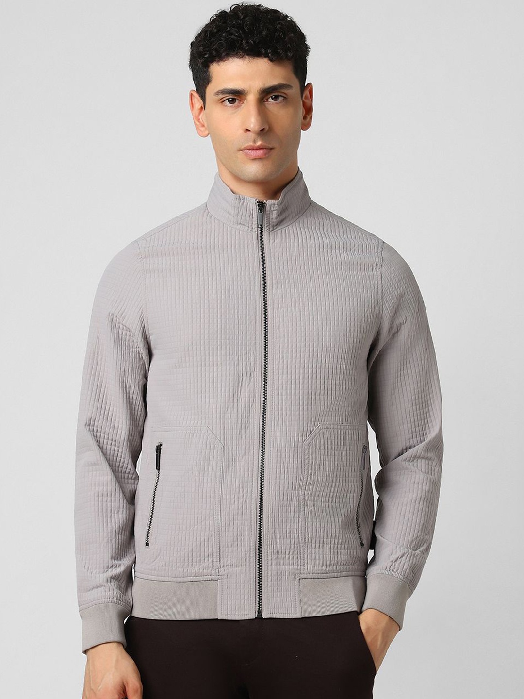 

V Dot Men Open Front Jacket, Grey