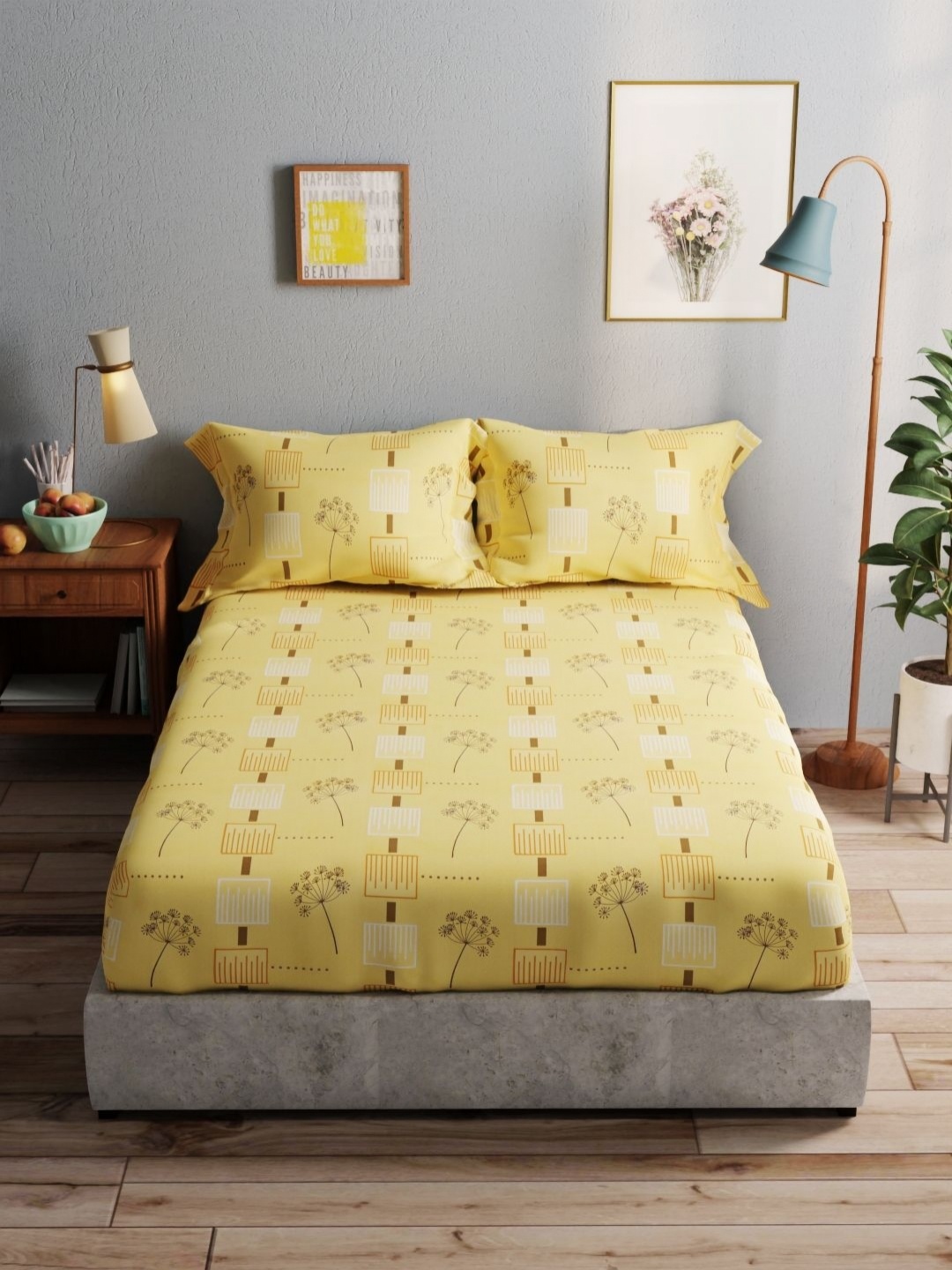 

BIANCA Yellow & White Geometric Pure Cotton 140 TC Queen Bedsheet with 2 Pillow Covers